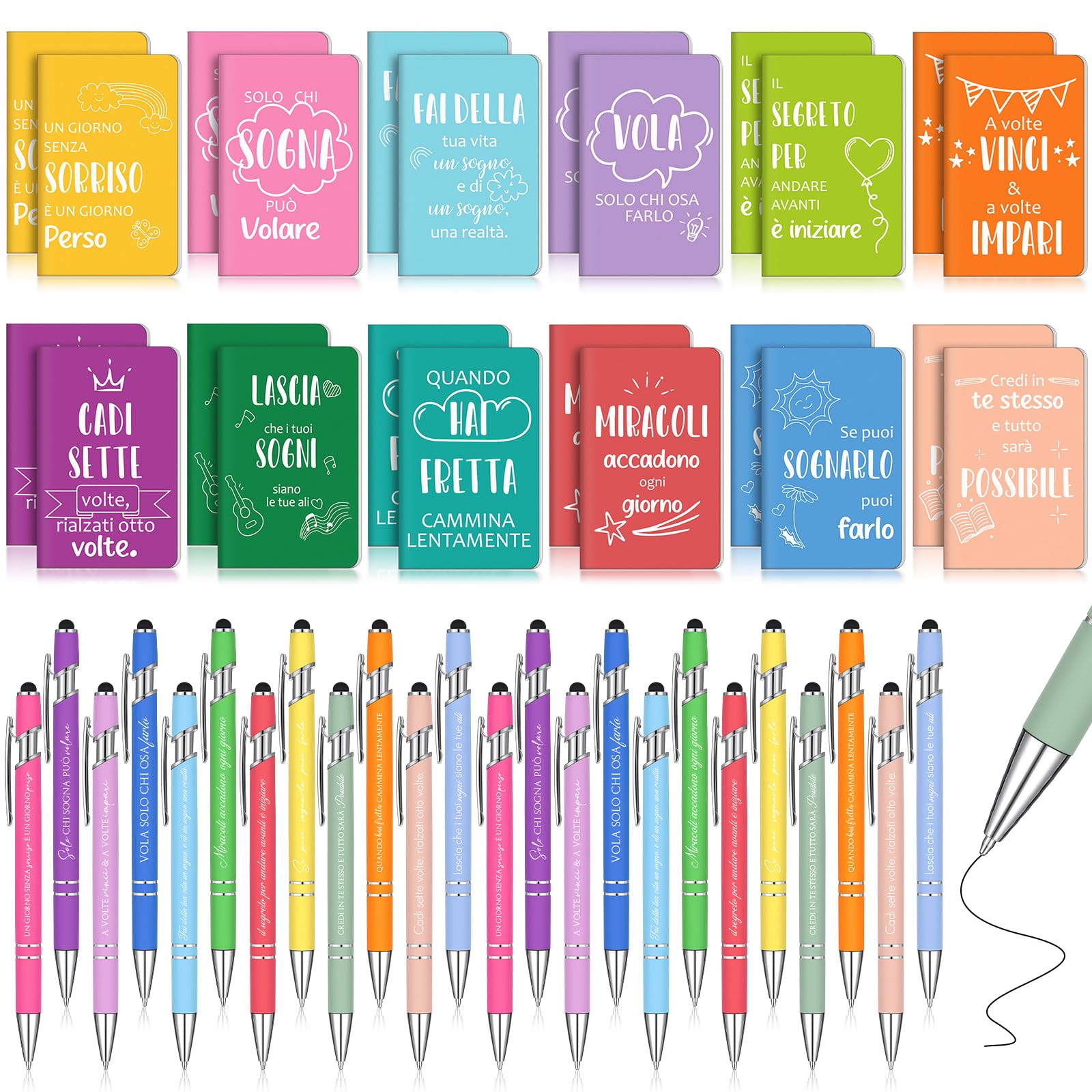 Sinmoe 24 Set 48 Pezzi Regalo Motivazionale per Colleghi Regalini Economici per Colleghi 24 Penne con Frasi Motivazionali 24 Taccuini Motivazionali Regalo per Alunni Studenti Insegnante, 12 Stili