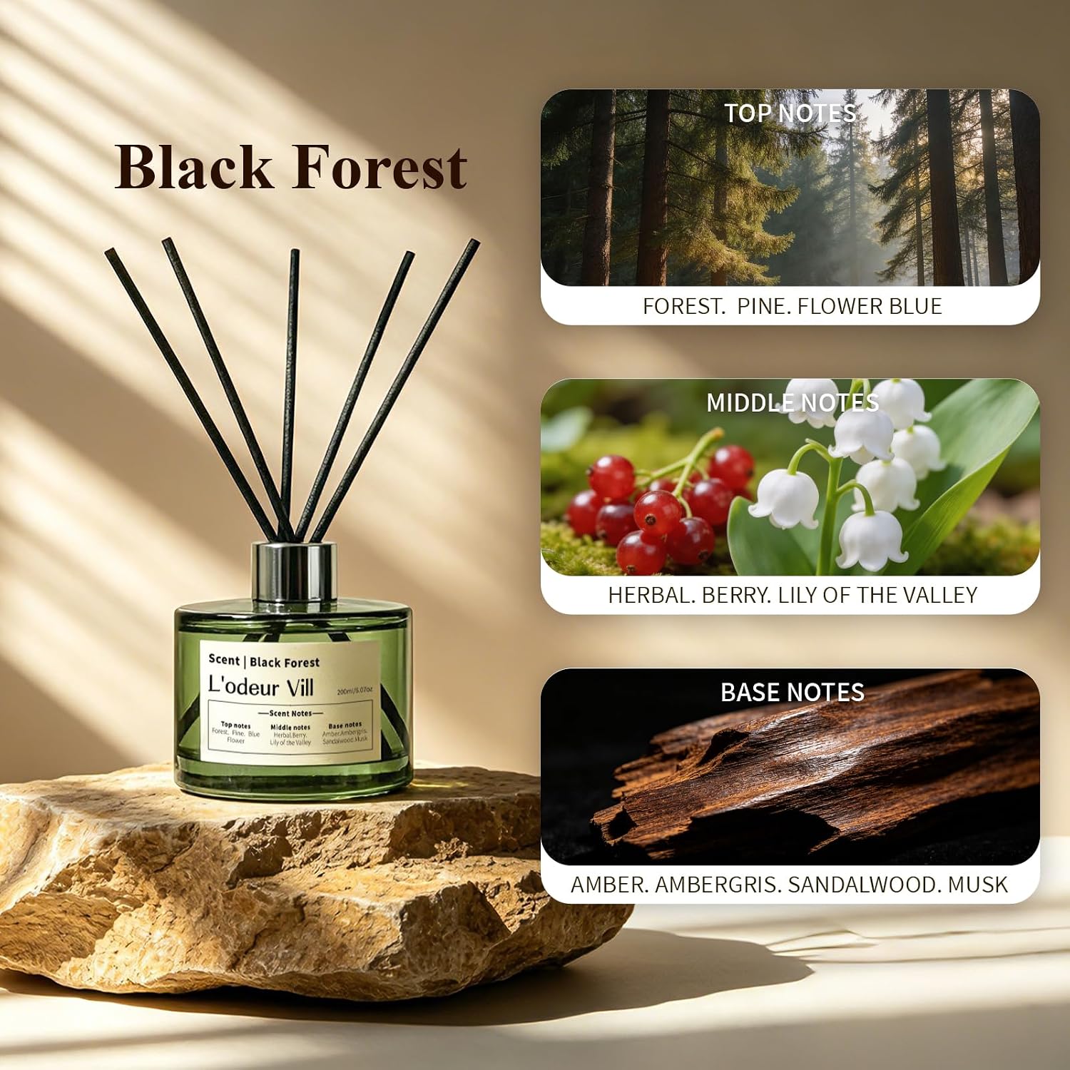 L'odeur Vill Reed Diffuser Set, 6.7 fl oz(200ml) Scent Diffuser with 6 Reed Sticks, Black Forest Oil Diffuser Home Fragrance Bathroom & Office Shelf Decor