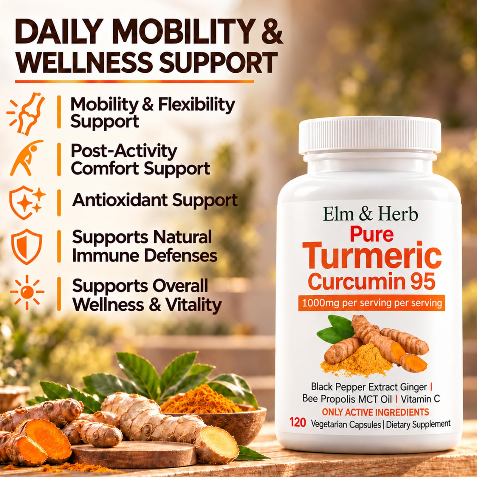 Elm & Herb Pure Turmeric Curcumin 95, Elm and Herb Turmeric Curcumin Supplement Capsules with Black Pepper Extract, Ginger, Bee Propolis, MCT Oil & Vitamin C (1) — Amazon image 2