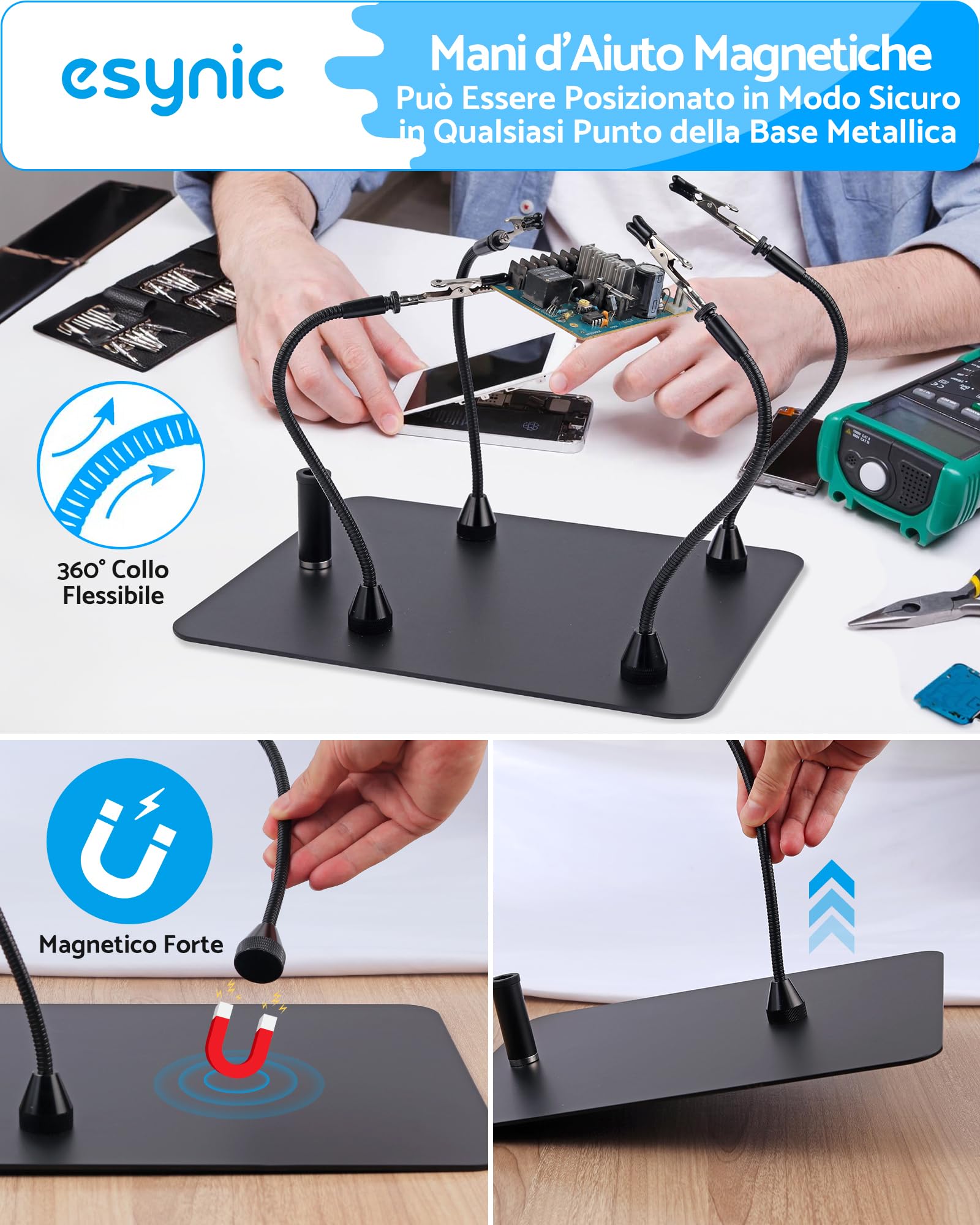 eSynic Lente di Ingrandimento 8X da Tavolo con Luce 72 LED, 10 Luminosità Regolabile e 3 Colori, Stazione d'Ingrandimento con 4 Colonne Magnetiche Flessibile a Clip Apertura 5,5cm per Saldatura