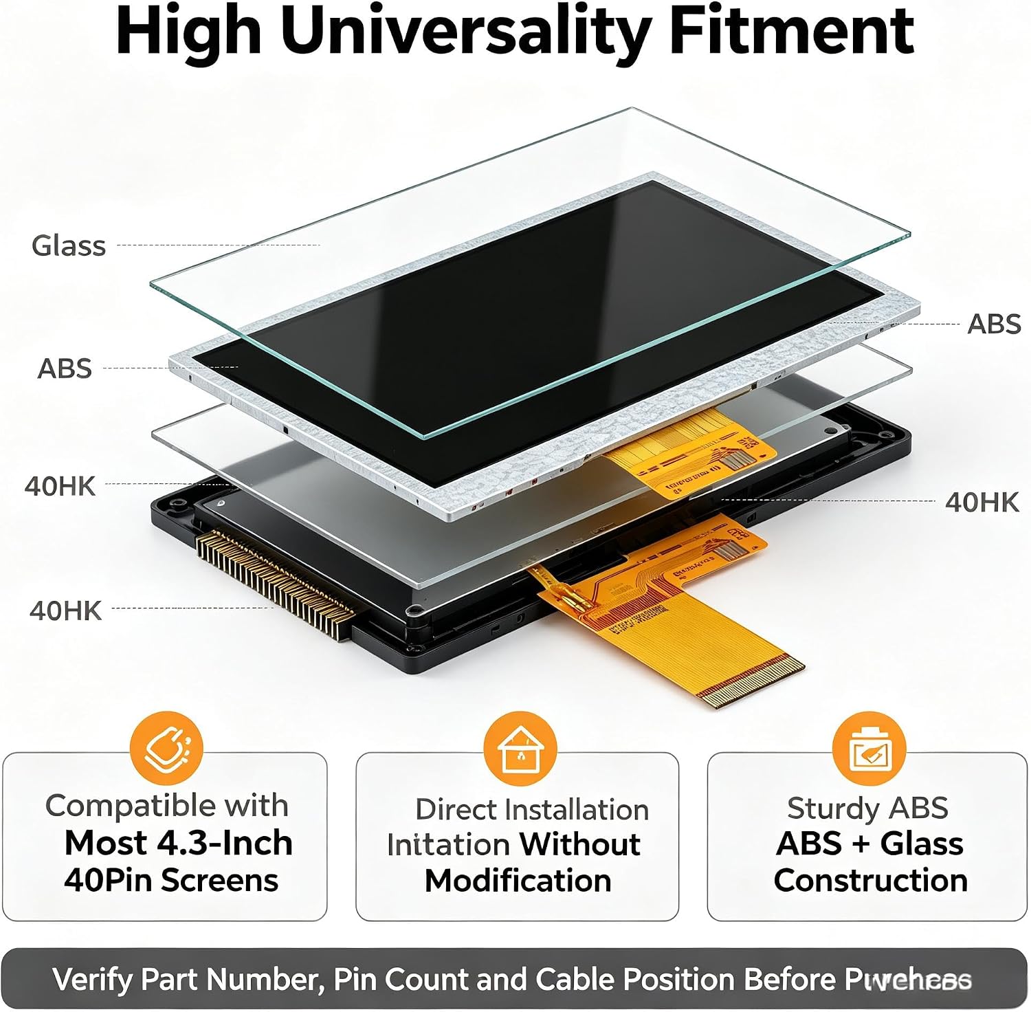 Exploded view of LCD screen components and compatibility check reminder