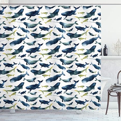 Amazon Co Jp イッカクシャワーカーテン 北極海の水彩クジラカシャロットシャチシロナガスクジライラスト フック付き布生地のバスルームの装飾セット ダークブルー 180x180 Cm ホーム キッチン