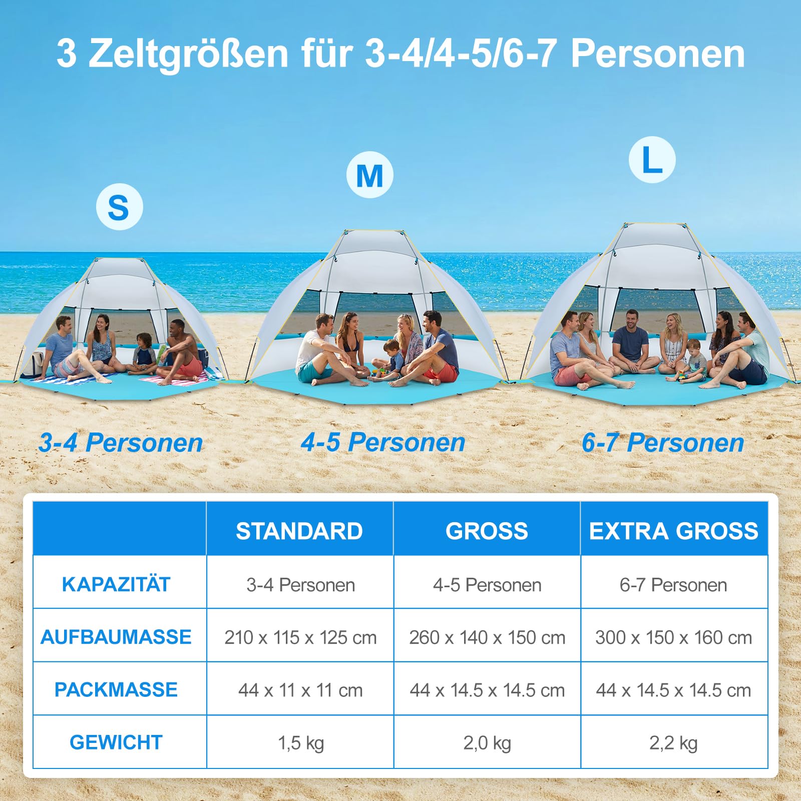 Wolfwise Strandmuschel mit UV-Schutz 50+, 2-3 Personen Strandzelt, Sonnenschutz und Windschutz mit erweiterbarem Boden, Zelt Tragbar für Familie Camping Garten, 210 x115x125 cm (83 x45x49 IN), Blau