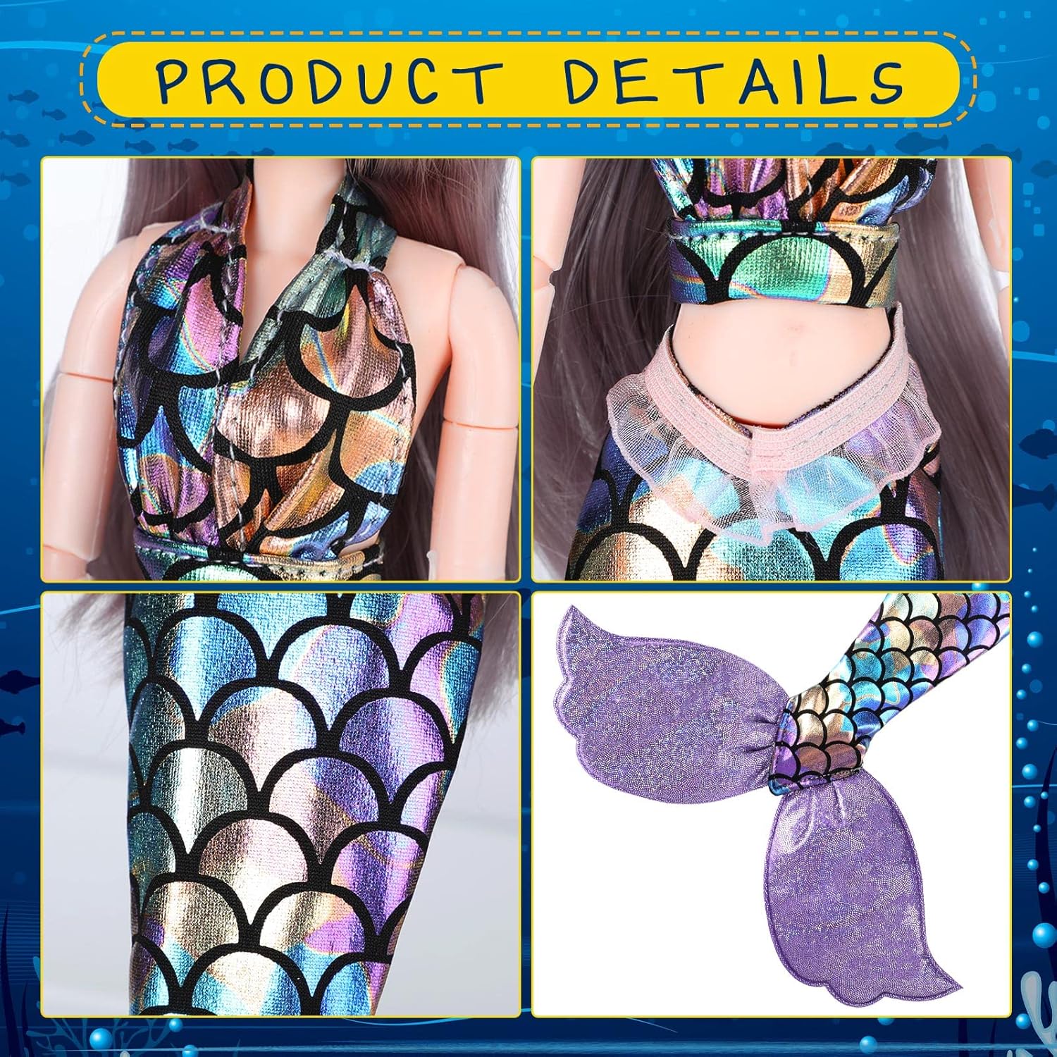 3 Sets Mermaid Doll Accessories Clothes Tail Dress Set Colorful Bikini Swimwear for 11.5-12 Inch Doll(Cute Style,Blue, Pink, Purple)