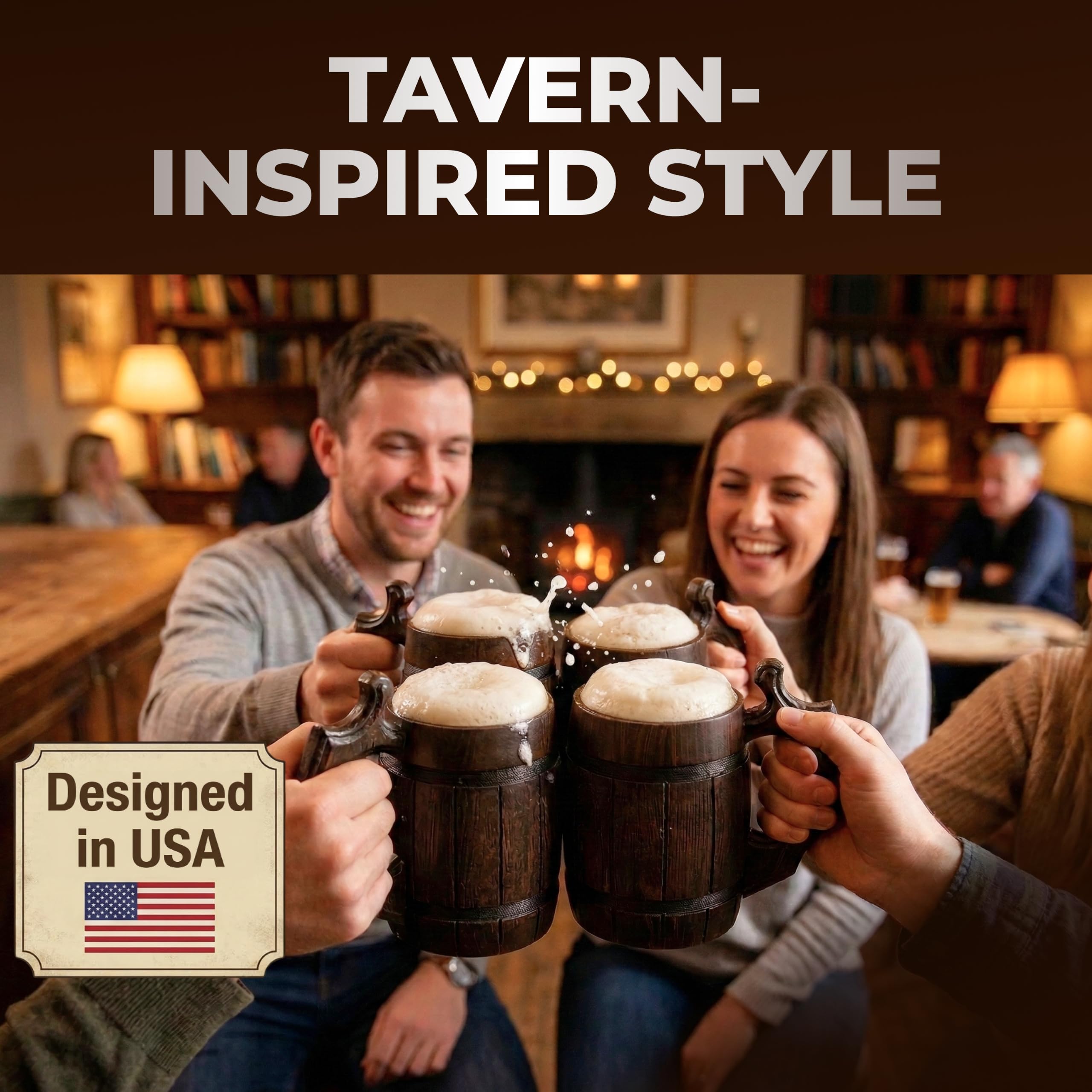Juego de 6 tazas de cerveza hechas a mano de madera de acero inoxidable natural para hombre, diseño de barril redondo marrón