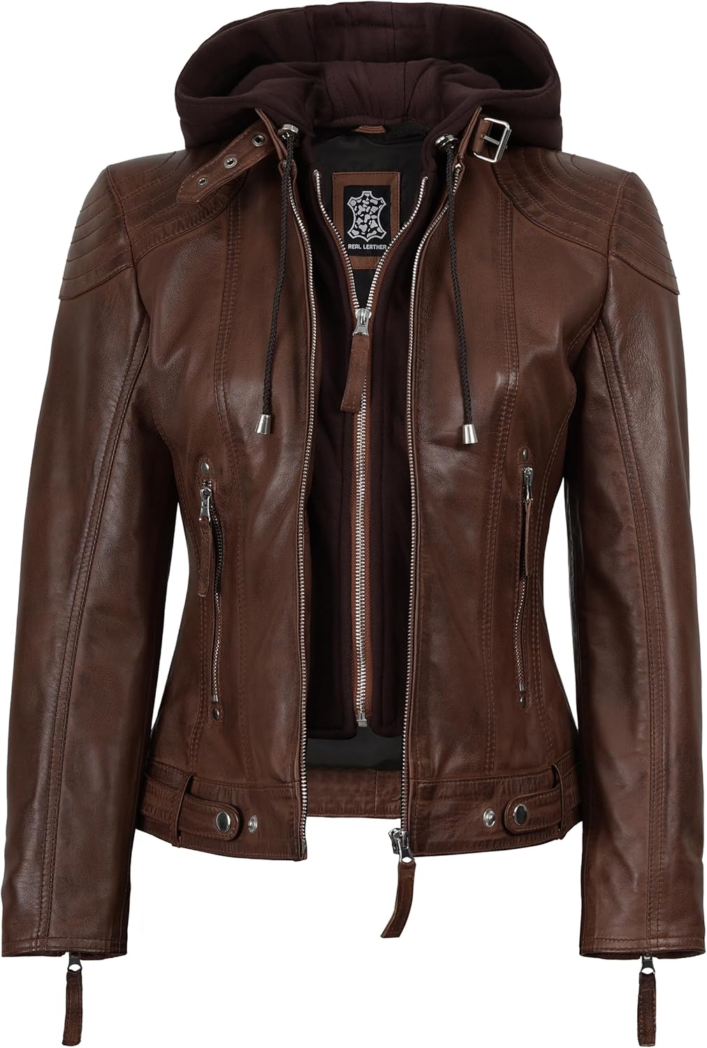 Blingsoul Leather Jacket Women - Real Lambskin Womens Leather Jackets with Detachable Hood - Image 4