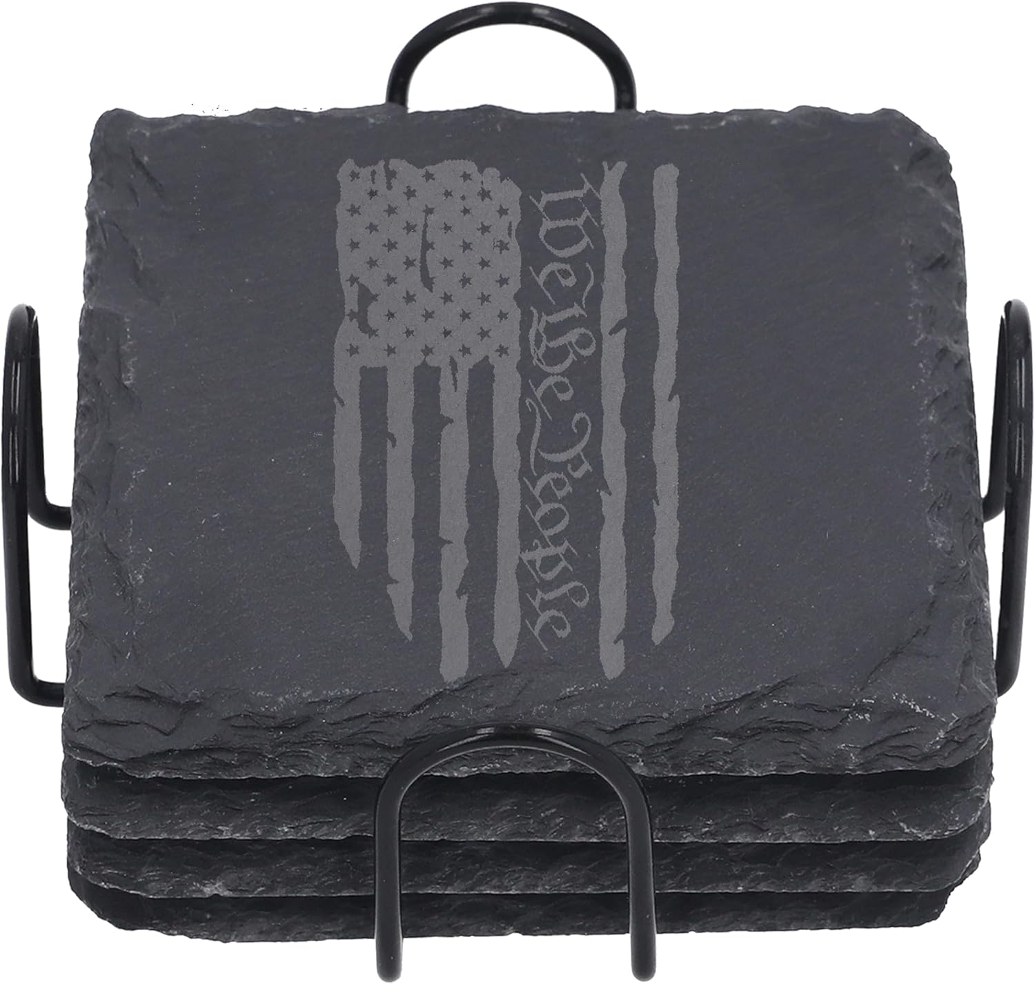 Rogue River Tactical Slate Coaster 4 Pack Gift Set Patriotic Tattered USA Flag Drink Coaster Set Gift United States American Flag We The People Constitution Bar Kitchen Home Stone Coasters