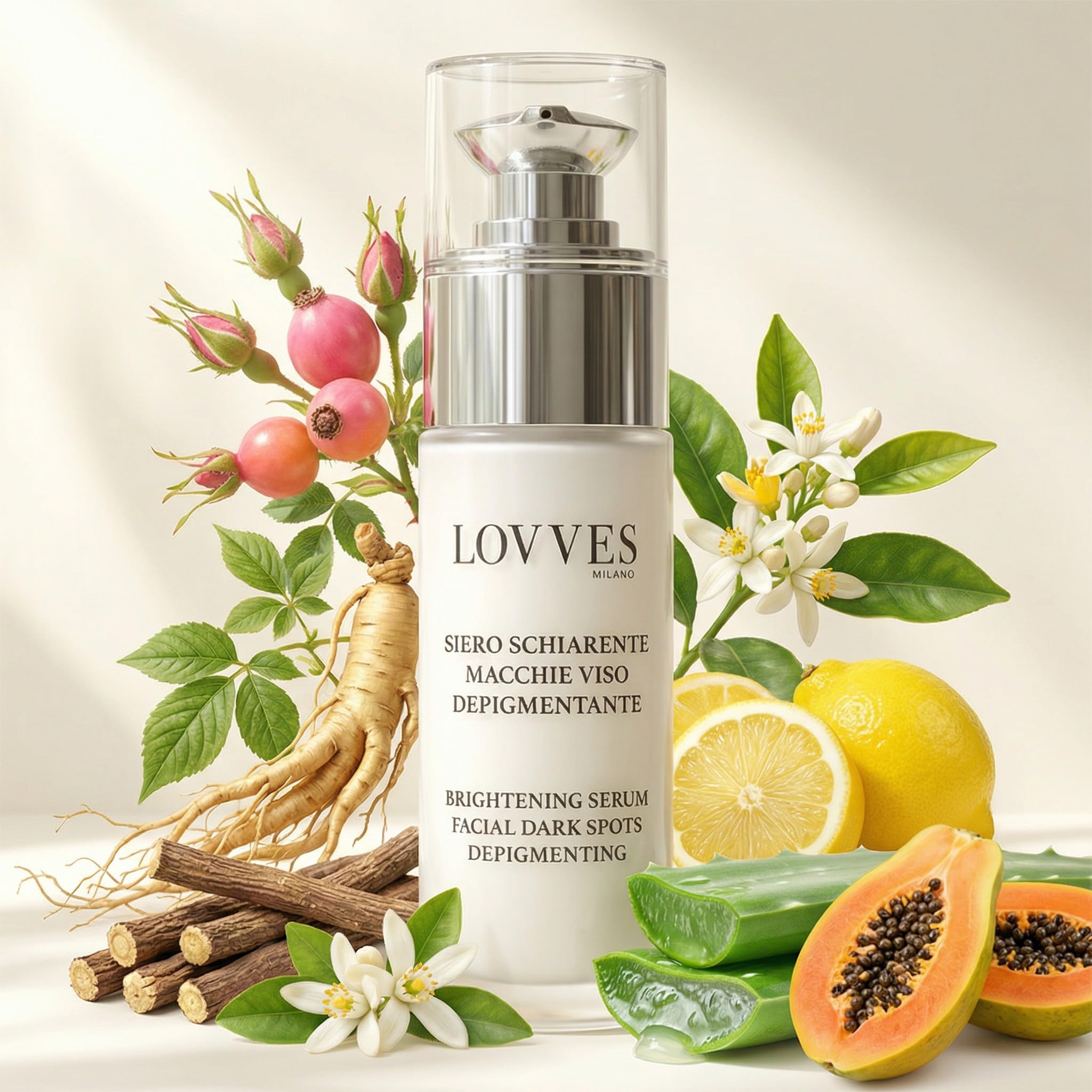 LOVVES Siero Viso Anti macchie, Schiarente, Alta Cosmesi Naturale, Depigmentante, Riduce le Ipercromie della Pelle, Previene la Formazione di macchie scure, Pelle più Uniforme e Luminosa, Flacone 30ml