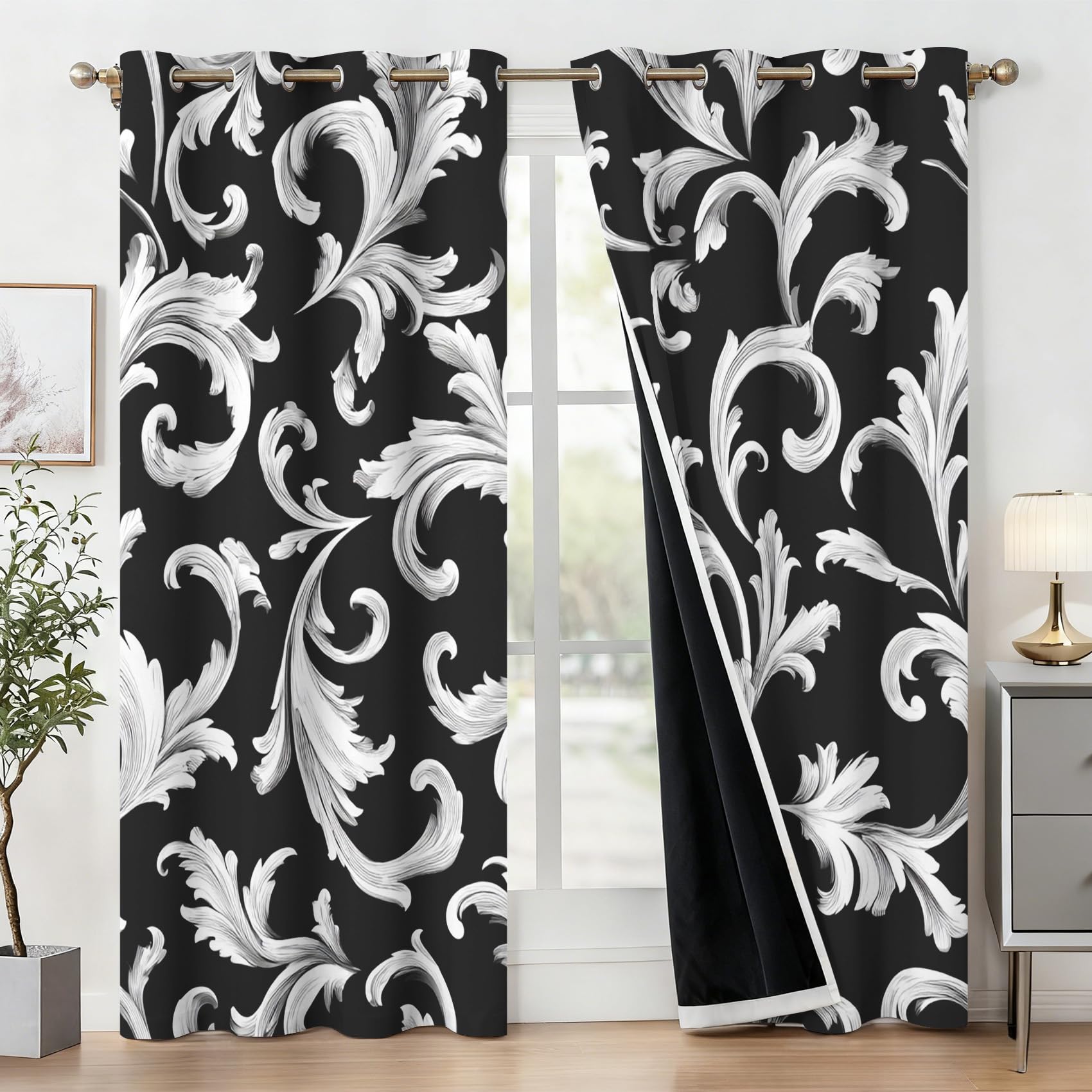 Generisch Damast Vorhänge Wohnzimmer, Verdunklungsvorhänge Schwarz Weiß Barock mit Ösen, Vorhang Blickdicht mit Muster, Gardinen für Wohnzimmer Deko 2er Set, H 166 X B 75 cm B-D154