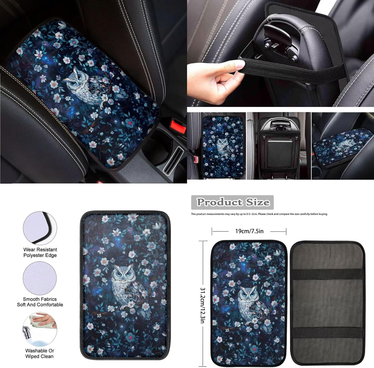 Owl Floral Print Car Seat Covers Full Set with Auto Steering Wheel Cover/Armrest Cover/Seatbelt Covers/Coasters/Keychains/Lip Holder for Women