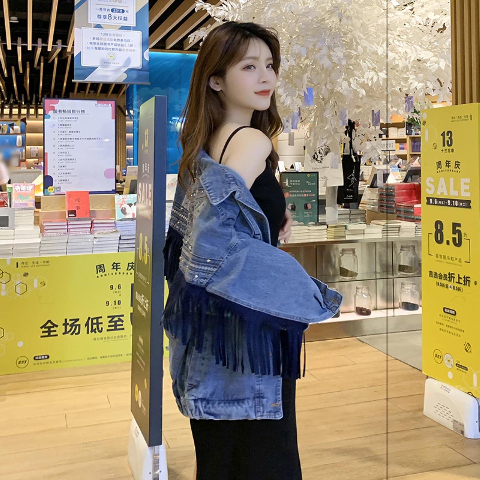 New Punk Tassel Bordado Denim Chaqueta Mujeres Blue Flow Remache Pocket Extremo Spring Spring Jean Chaqueta-Blue,M