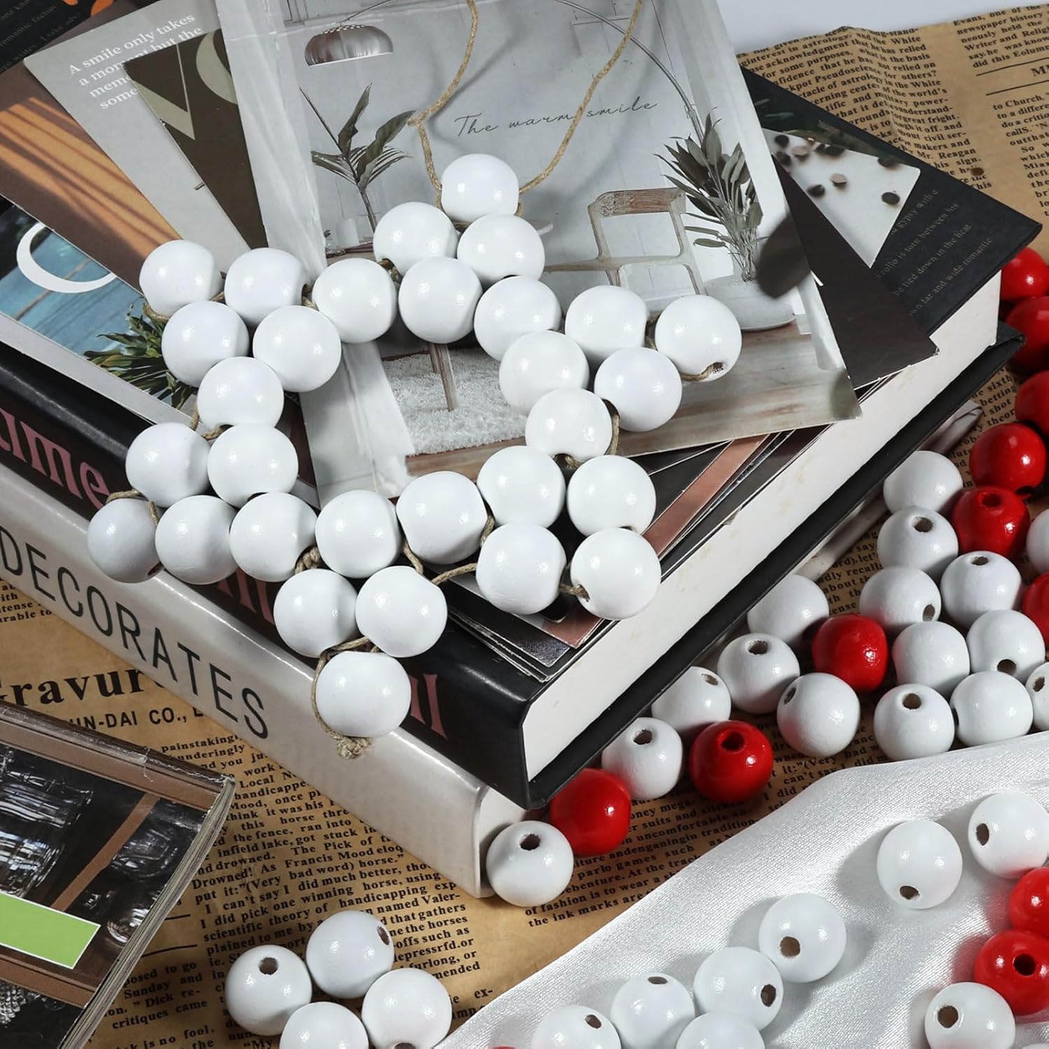 16mm YIPLED 200pcs Christmas Wooden Beads for Crafts with 10m Hemp Rope, Round White Wooden Loose Beads for Jewelry DIY Making, Garland Making and Home Decorations - Image 4