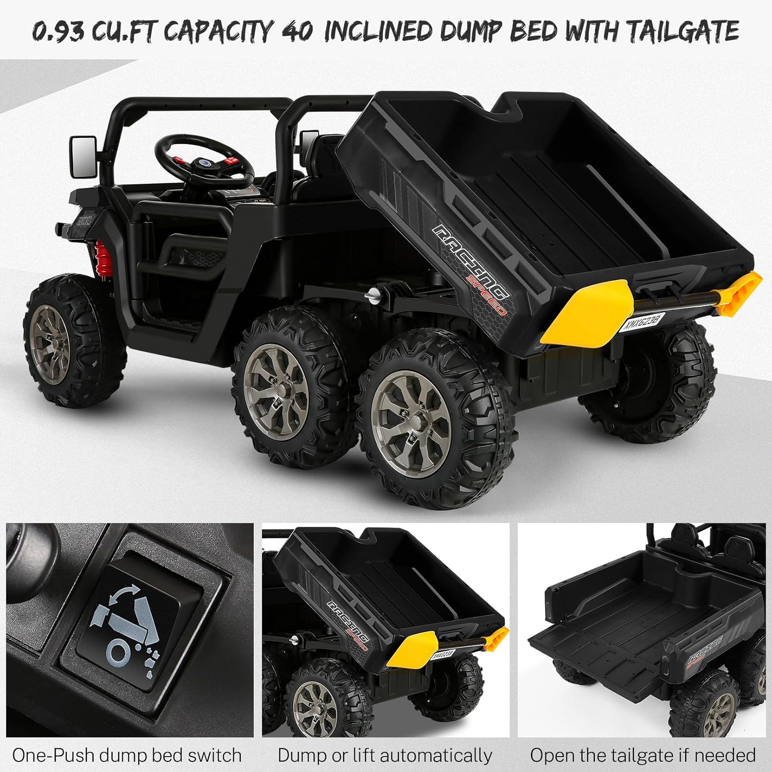 Hikole 24V Ride On Dump Truck with Electric Dump Bed, 4WD 6X6 2 Seater Ride On Truck Car with Remote Control, Shovel, Music Player,Electric Ride On UTV for Kids Boys Girls 3-8,Black