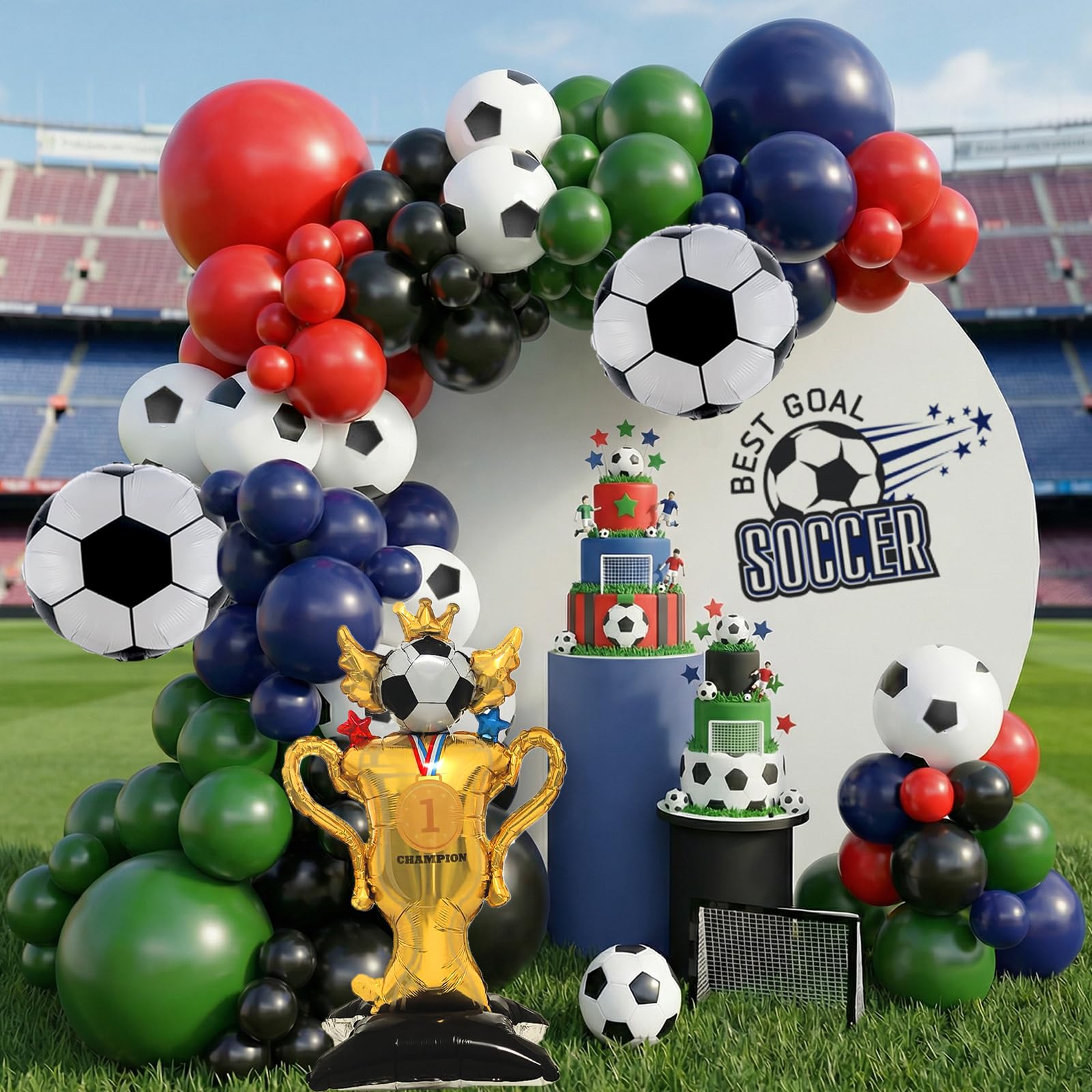 142 pezzi decorazioni per feste di compleanno calcio palloncino arco ghirlanda kit rosso nero polvere blu palloncini con trofeo di calcio palloncini per calcio baby shower Decor ragazzi uomini
