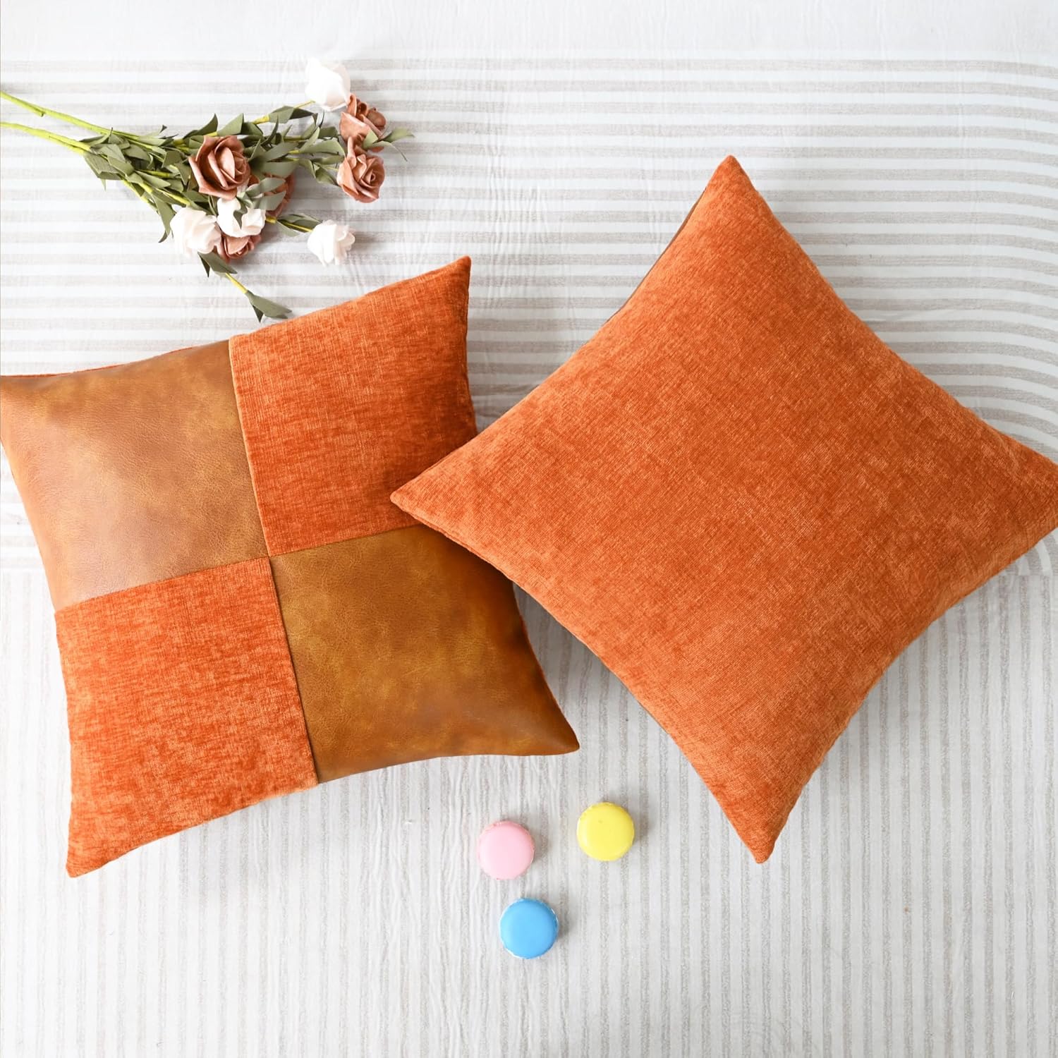 CaliTime Throw Pillow Covers Decorative 18 X 18 Inches Pack of 2 Cozy Chenille Faux Leather Splicing Cushion Cases for Couch Sofa Bed Living Room Home Burnt Orange - Image 5