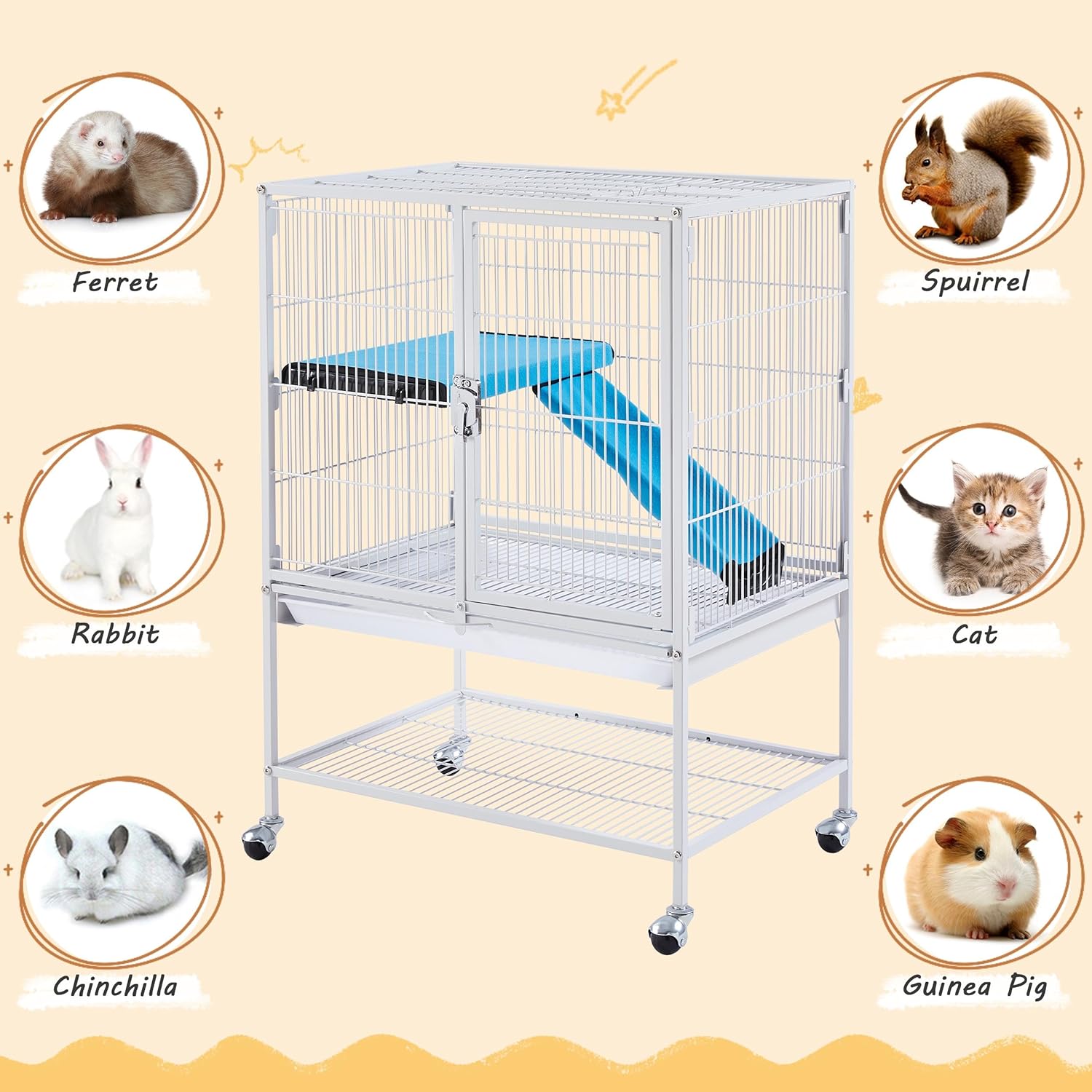 Yaheetech Small Animal Cage, Metal Pet Cage with Removable Tray/Ladder/Wheels, Ferret, Chinchilla, Sugar Glider, White