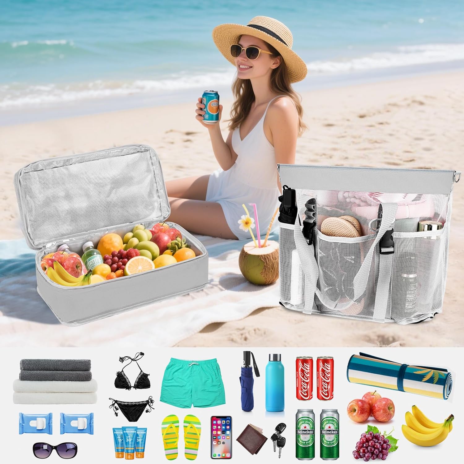 Yotako Beach Bag with Cooler,Mesh Beach Tote Bag with Zipper,2-in-1 Durable Tote with 10 Pockets Pool Swim Travel Essentials