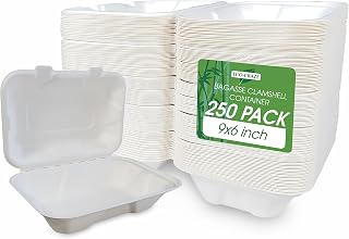 Eco-Craze (9x6x3 in) Compostable Clamshell Take Out Food Containers (250 Count), Natural Disposable Bagasse, Heavy Duty To Go Boxes With Hinged Lids, Eco-Friendly Made From Sugarcane Fibers