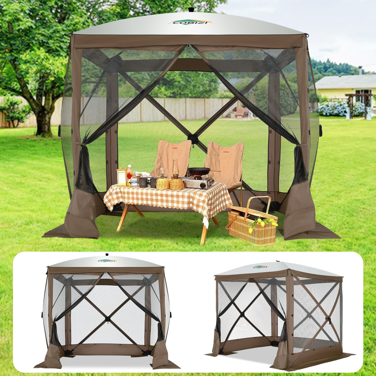 COBIZI 6x6 FT Pop up Gazebo Tent, Waterproof Instant Screen with Mosquito Netting, Portable Outdoor Small Screen Tents Sun Shelter,carpas para Patio for Outdoor Camping, Backyard and Garden, Brown-image-36