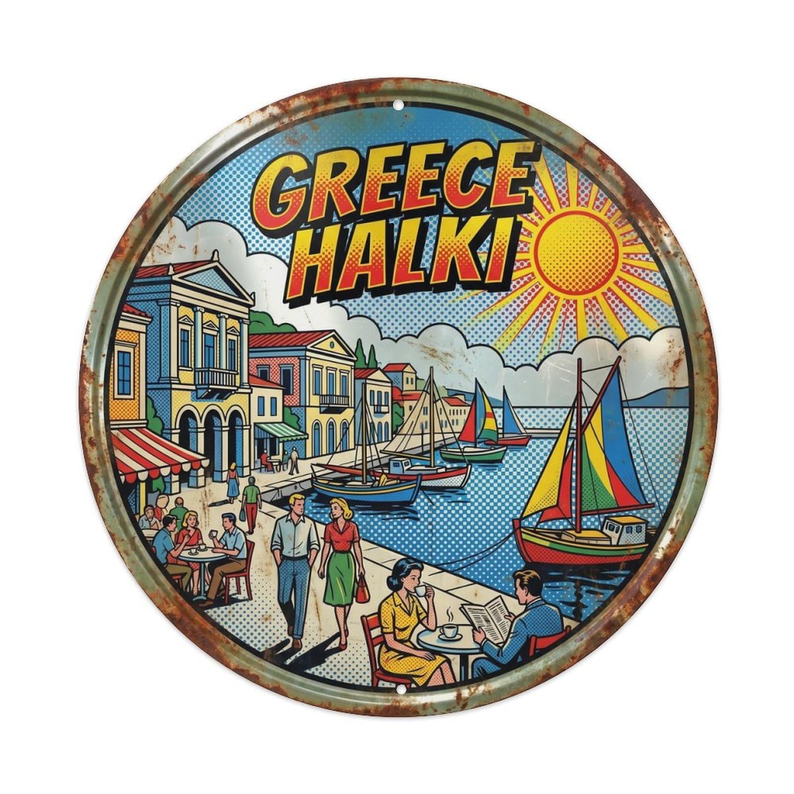 Halki Peaceful Greek Comic Color Heritage Destination Metal Tin Sign
