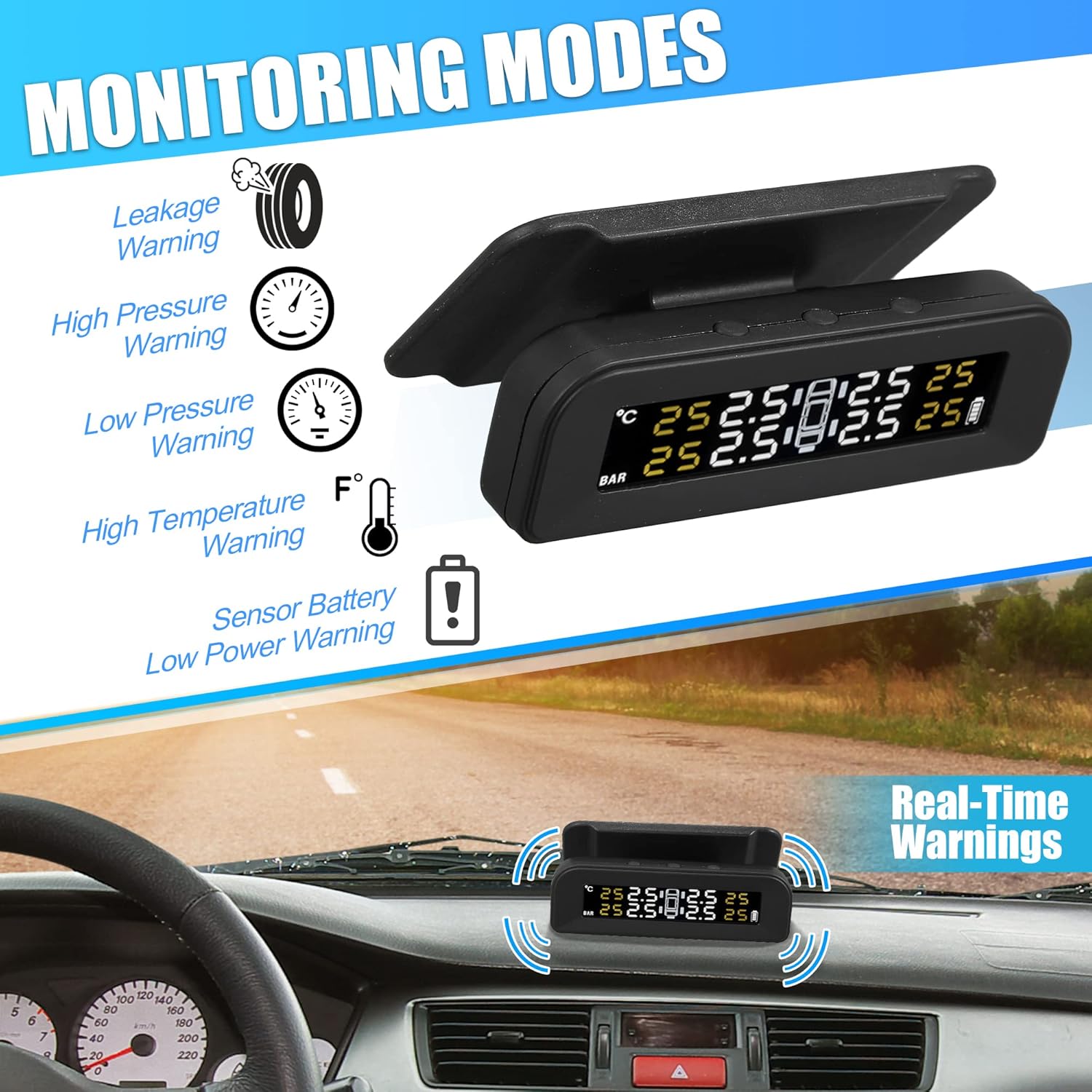X AUTOHAUX Tire Pressure Monitoring System TPMS Wireless Solar Charger Monitor on Windowshield 5 Alarm Modes with 4 External Sensors LCD Display Angle Adjustable Monitor for Car RV SUV