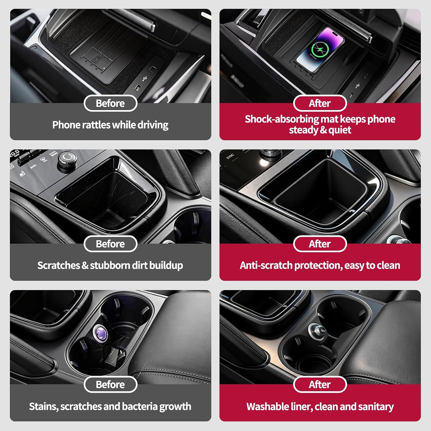 4PCS Center Console Storage Mat, Wireless Charging Silicone Mat, Full‑Wrap Cup Holder Inserts & Dashboard Center Clock Surrounding Compass Cover for 2024 2025 2026 Porsche Cayenne Accessories