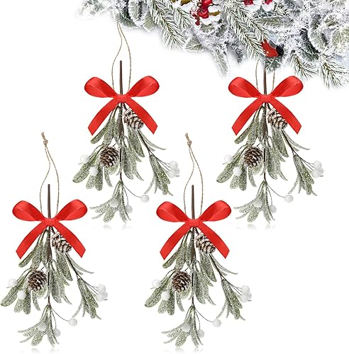 Miniatura 21 de Giegxin 1 pieza de adorno de muérdago artificial de Navidad con lazo rojo, decoración colgante de muérdago de Navidad, ramo floral, conos de pino