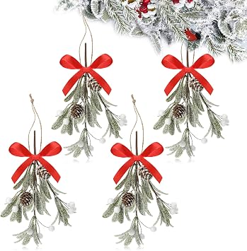 Giegxin 4 Piece Christmas Artificial Mistletoe Ornament, Classic Style, Red