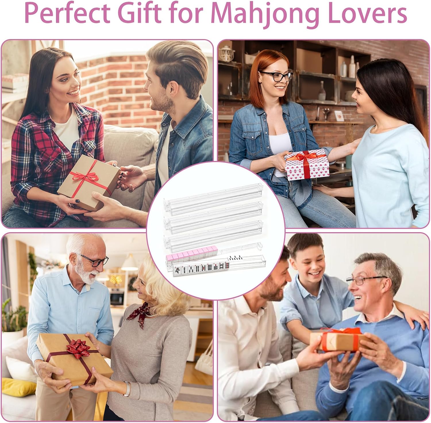 Mahjong Racks with Pushers Set of 4, Clear Acrylic Tile Holders for American Mahjong, All-in-One Accessories and Gift for Majiang Enthusiast (Clear)