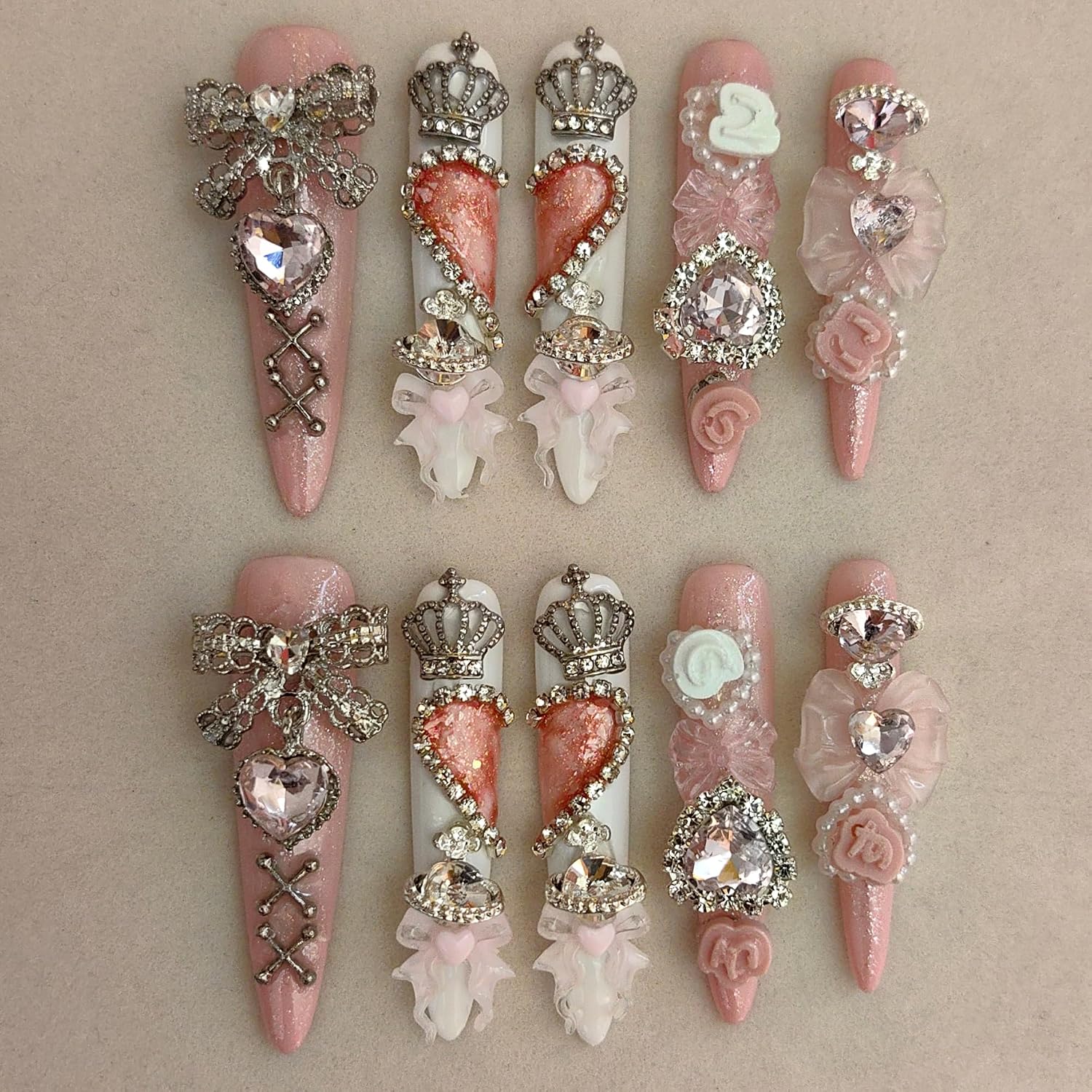 Y2K Stiletto Press on Nails Pink Coquette Handcrafted 3D Fake Nails S | Artisan styled hand-sculpted fake nails in alternative y2k gothic styles offering long coffin and stiletto shape choices