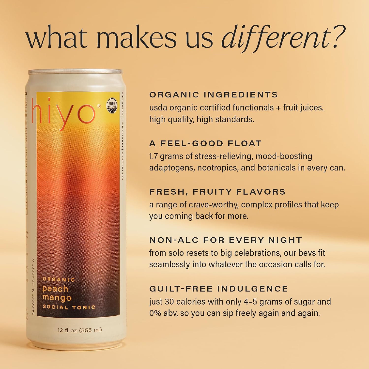 Hiyo Organic Social Tonic - Peach Mango, 12 Pack - N.A. Functional Seltzer, Sparkling Water Crafted with Organic Adaptogens, Nootropics & Botanicals