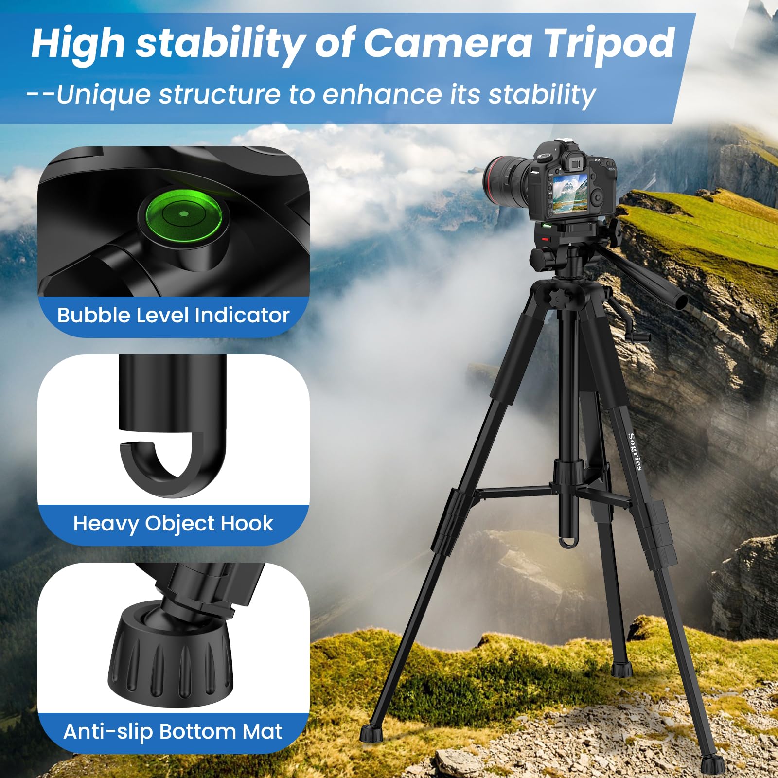 Sogries Treppiede – 60'' treppiede da viaggio professionale leggero in alluminio per fotocamera/DSLR/cellulare/videocamera/binocolo/microscopio