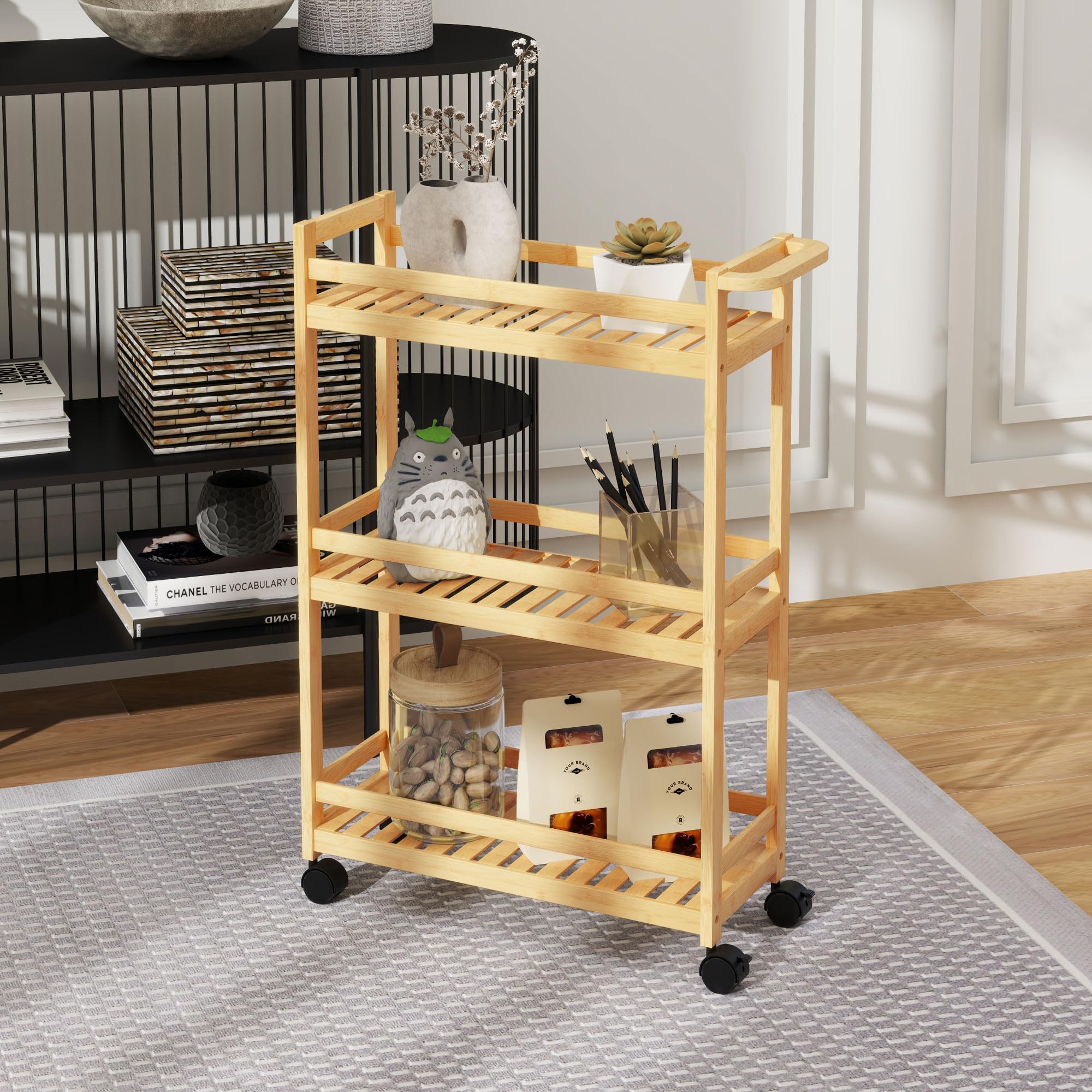 HOMCOM Servierwagen mit 3 Ebenen Küchenwagen mit Rollen, Griff Rollwagen aus Bambus Küchenregal Küchenrollwagen für Küche, Büro, Badezimmer, Naturholz