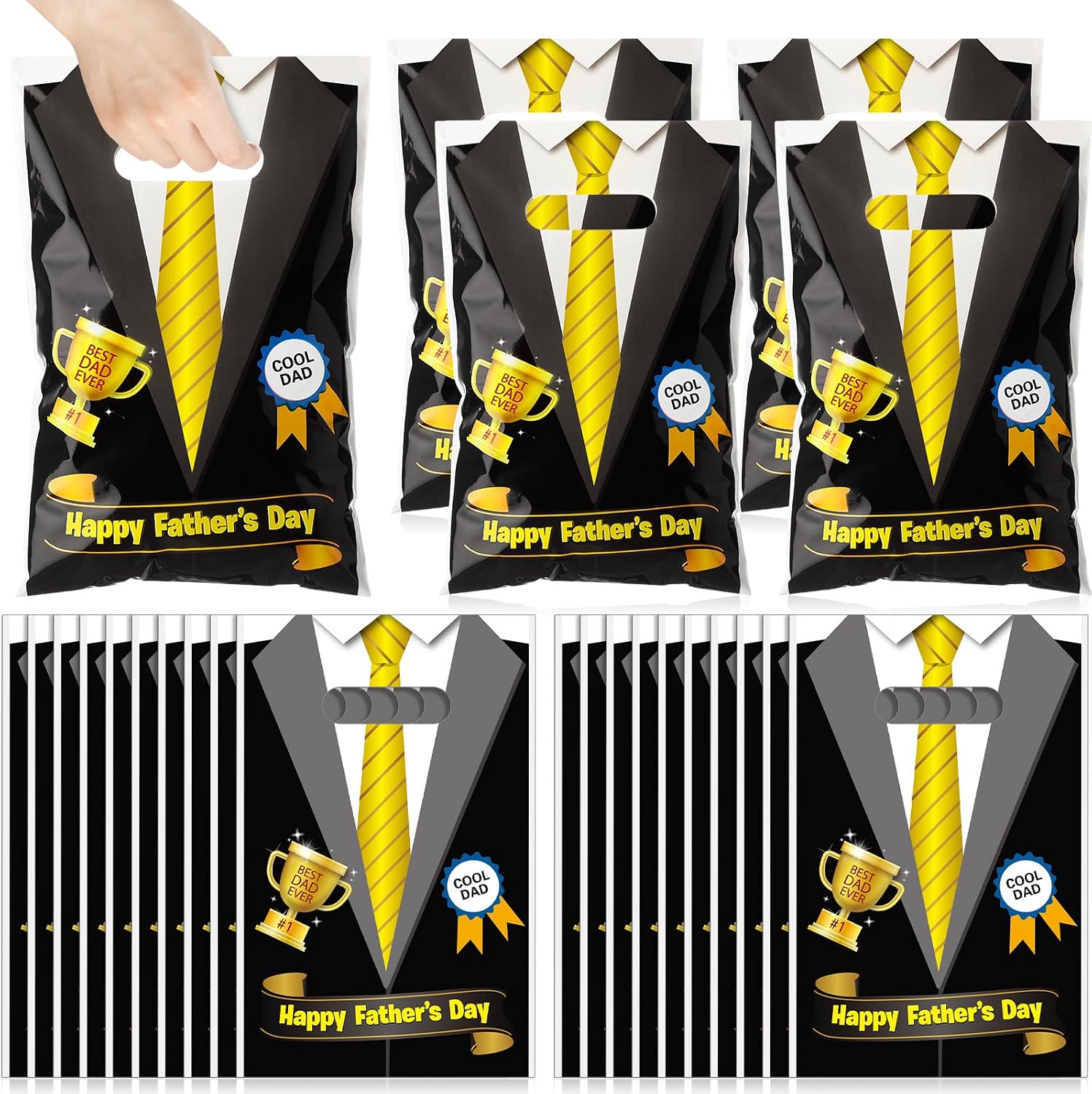 Spakon 100 Pcs Father's Day Gift Bags with Handle Happy Father's Day Plastic Goody Treat Party Favor Bags for Dad Theme Party Birthday Supplies, Black, 9.84''x6.5''