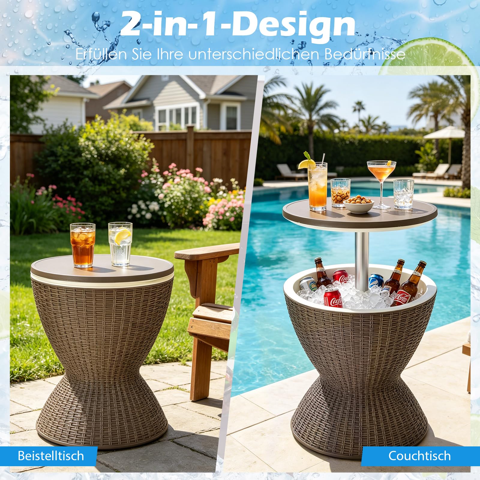 GYMAX Cool Bar 30L, 3-in-1 Beistelltisch mit ausziehbarer Tischplatte für Getränke & Snacks, Getränkekühler in Rattan-Optik, Bier- & Weinkühler für Garten, Terrasse & Balkon (Braun)