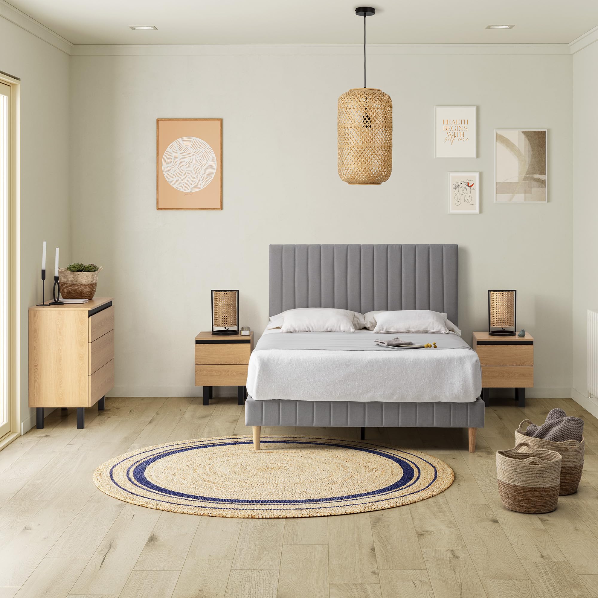 HOMN LIVING Testiera Eris rivestita in tessuto grigio chiaro 90x60 cm, include raccordi e viti