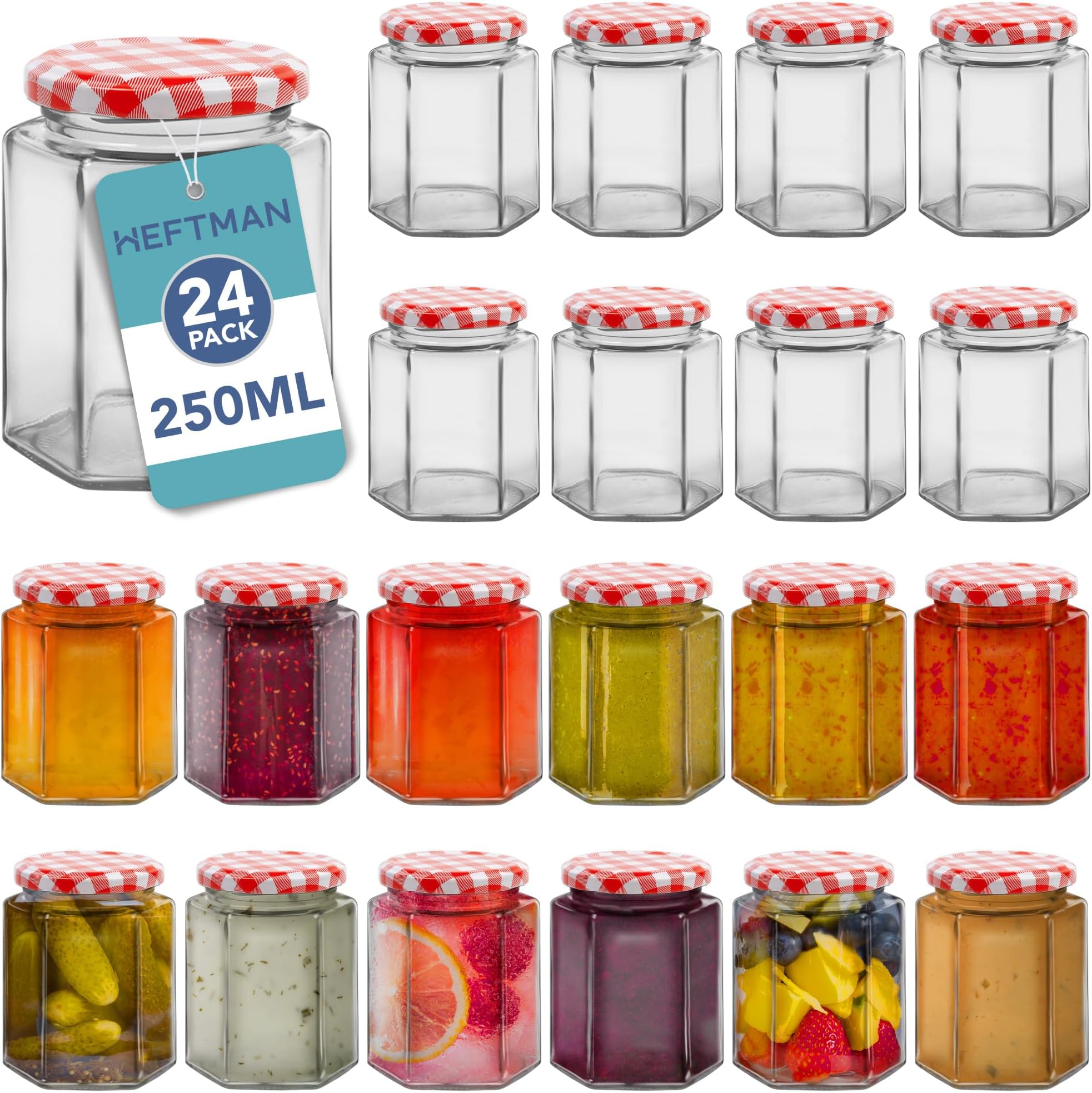 Small Glass Jars with Lids - 24 Pack Airtight 250ml Jam Jars with Red Gingham Lids for Use as Pickle Jar, Jams, Honey, Candle Making, Preserving, Food Storage - Hexagonal Shape (Empty)