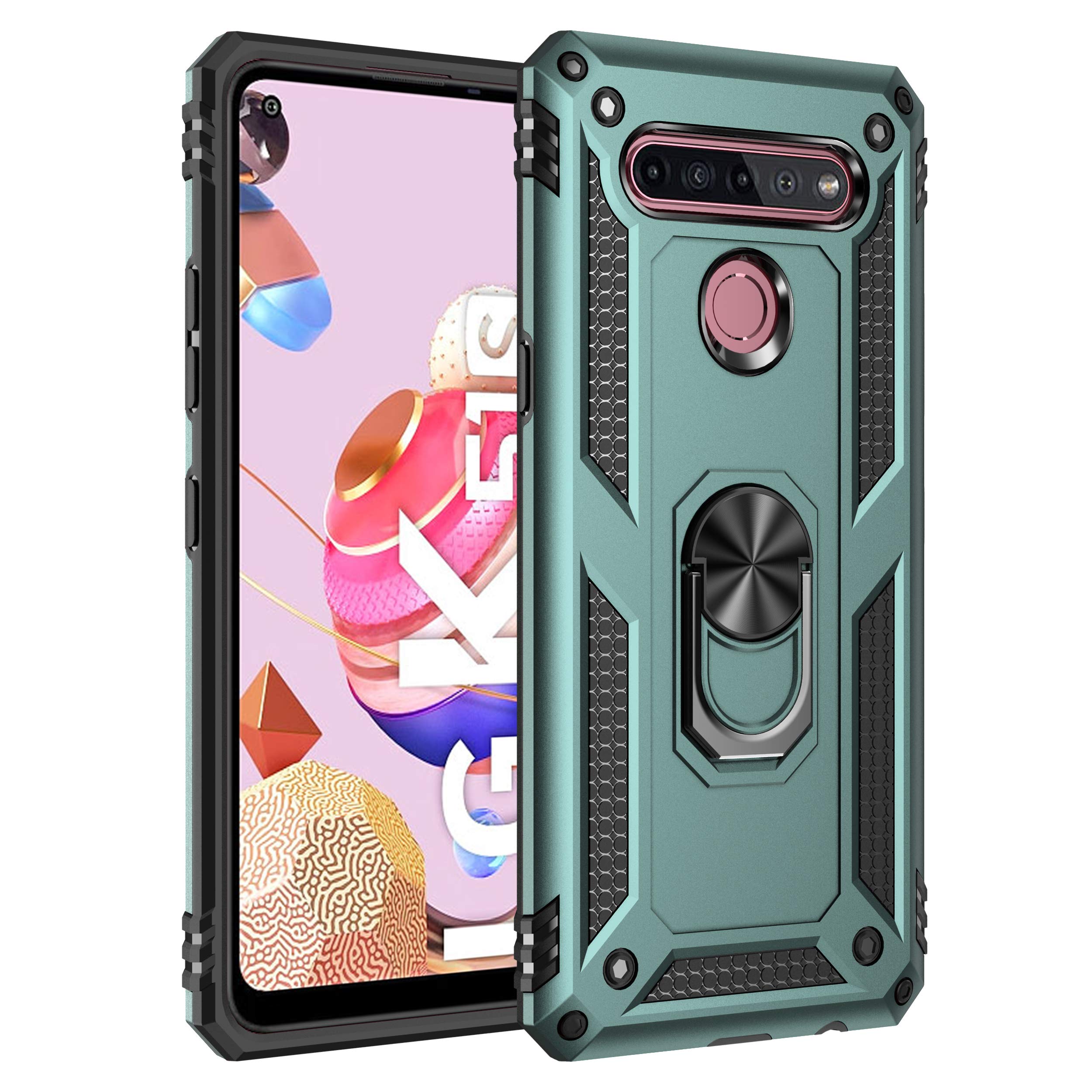 Dedux Cover LG K51S [Tough Armor Series] Robusto Pannello Posteriore PC AntiGraffio + Paraurti Antiurto TPU + Pratico cavalletto. Verde Scuro