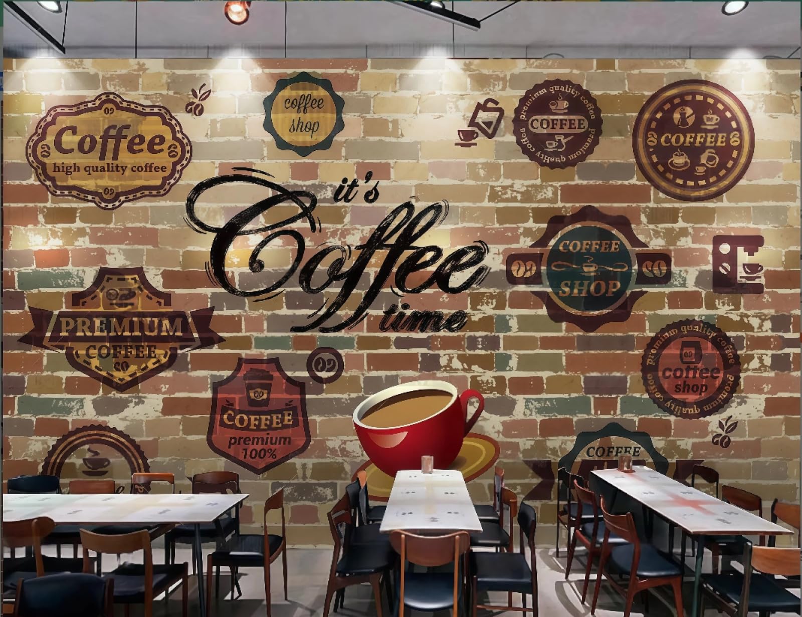 rskjdghshd Wallpaper Retro Brick Wall Hand-Painted Letters Coffee Series Afternoon Tea Drink Shop Bar Background Wall Western Restaurant Wallpaper Cafe Mural,3D,250x175cm
