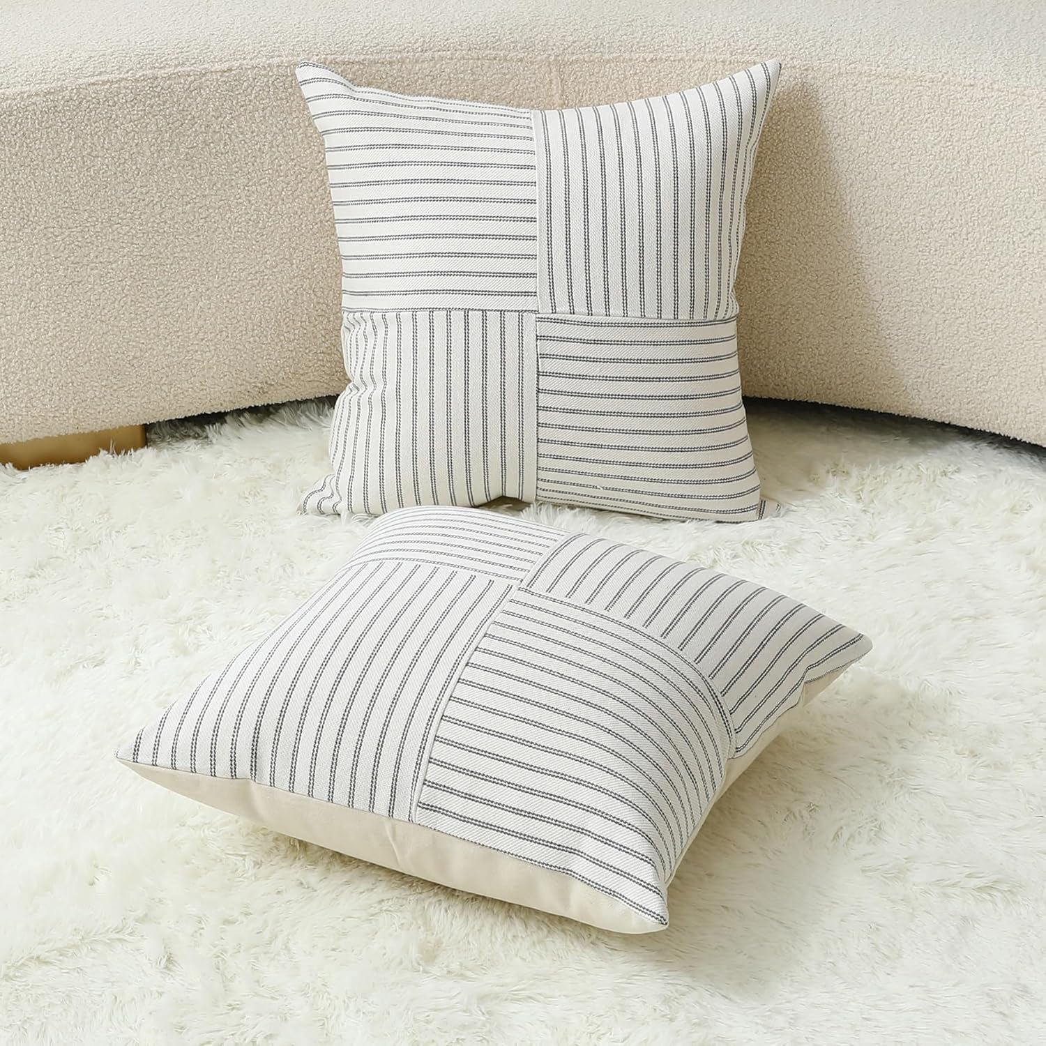MYCDXE Throw Pillow Covers 16 x 16 Inch Farmhouse Pillow Covers, Set of 2 Gray Striped Textured Patchwork Squarer Pillow Case for Sofa Sofa Chair Bedroom Modern Decor - Image 4