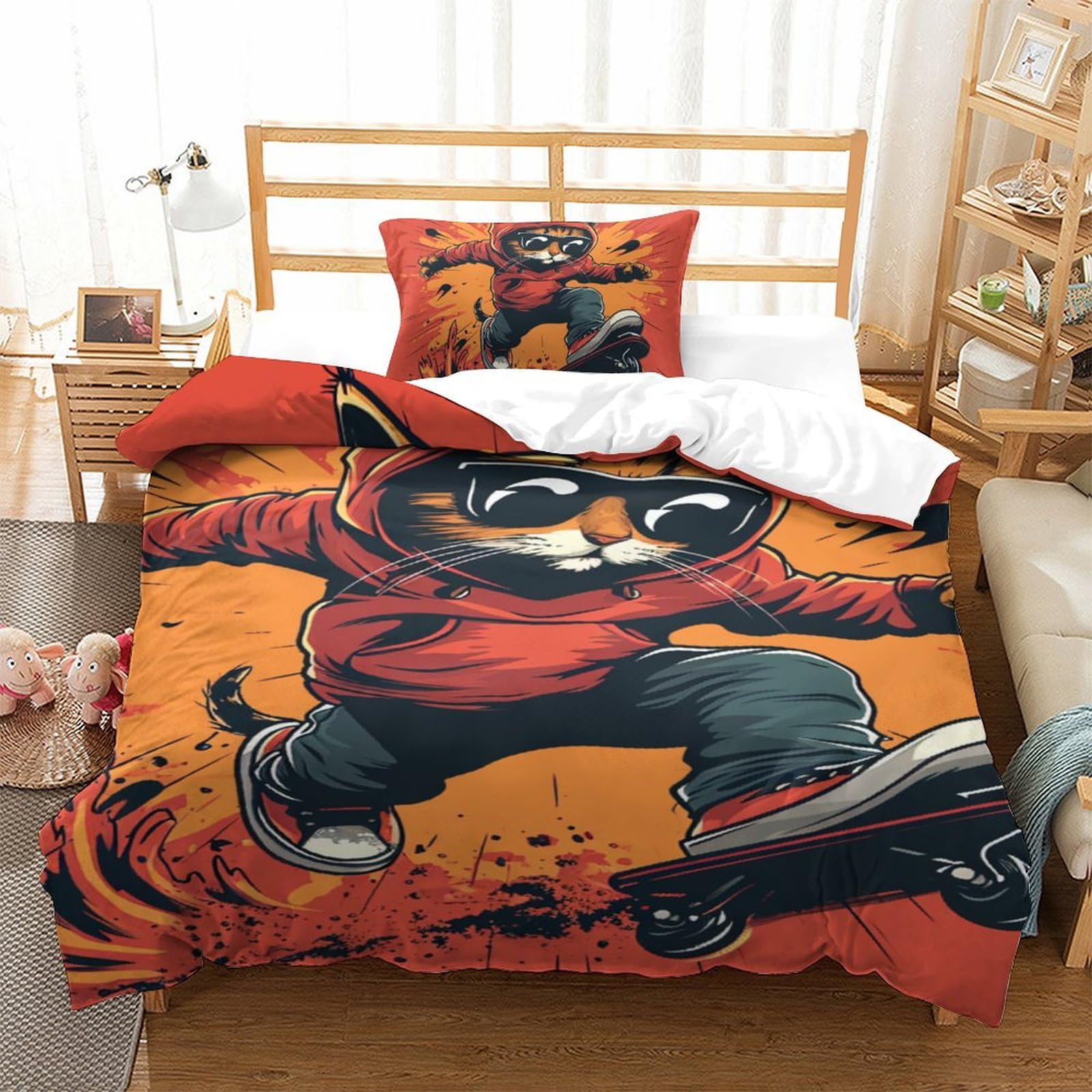 Parure de couette chaton 3D microfibre 135x200 avec taie d'oreiller pour lit simple ado