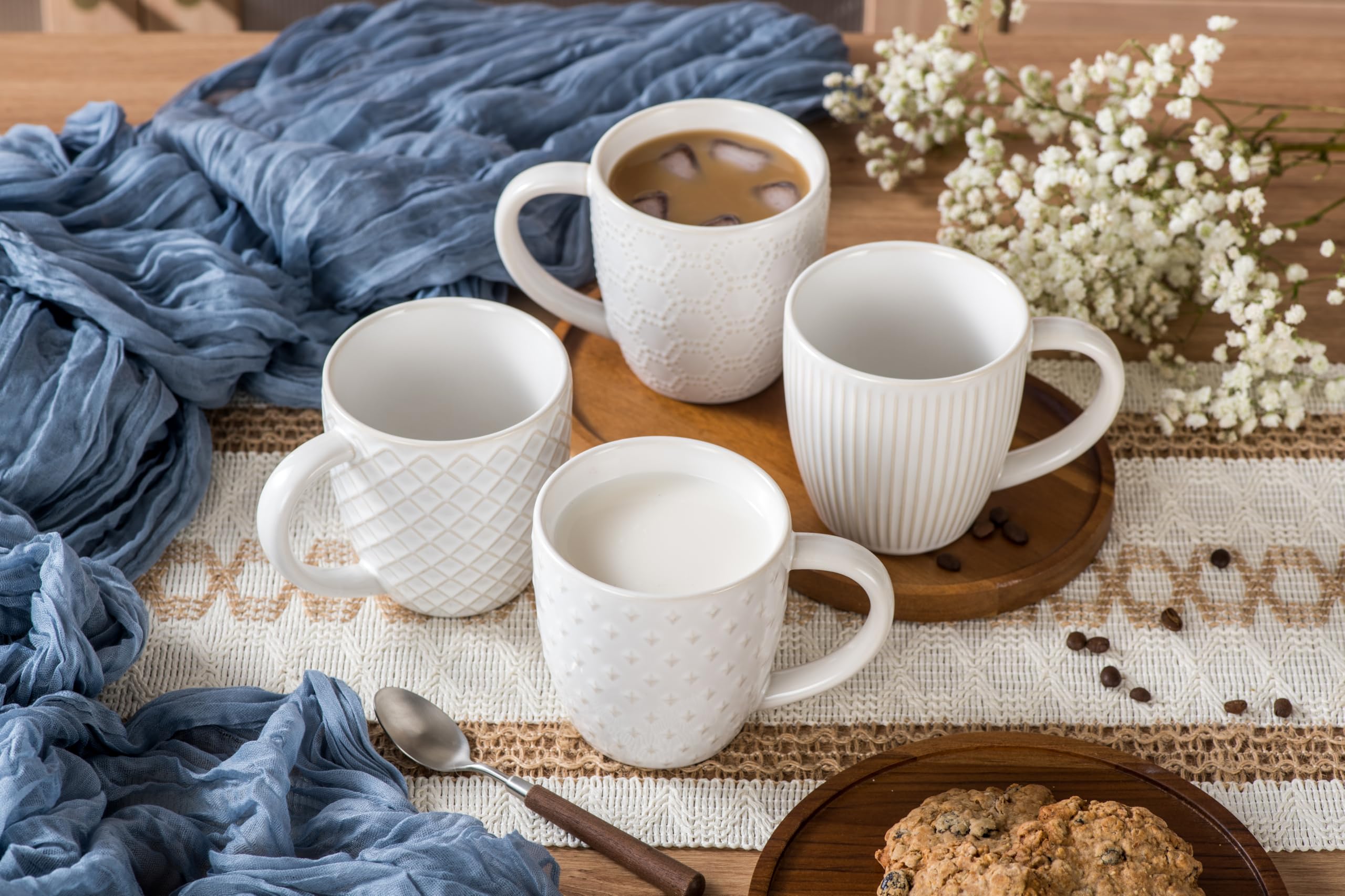 Holise - Juego de 4 tazas de café de cerámica de 14 onzas con asa, juego de tazas de cerámica en relieve para capuchino, latte, té, chocolate caliente y leche, regalos de inauguración de la casa, apto