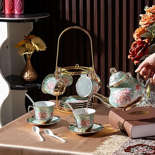 Miniatura 3 de Zhehao Juego de té de porcelana de 20 piezas con soporte de metal y cuchara para adultos, juego de té de cerámica para adultos, pintura de flores