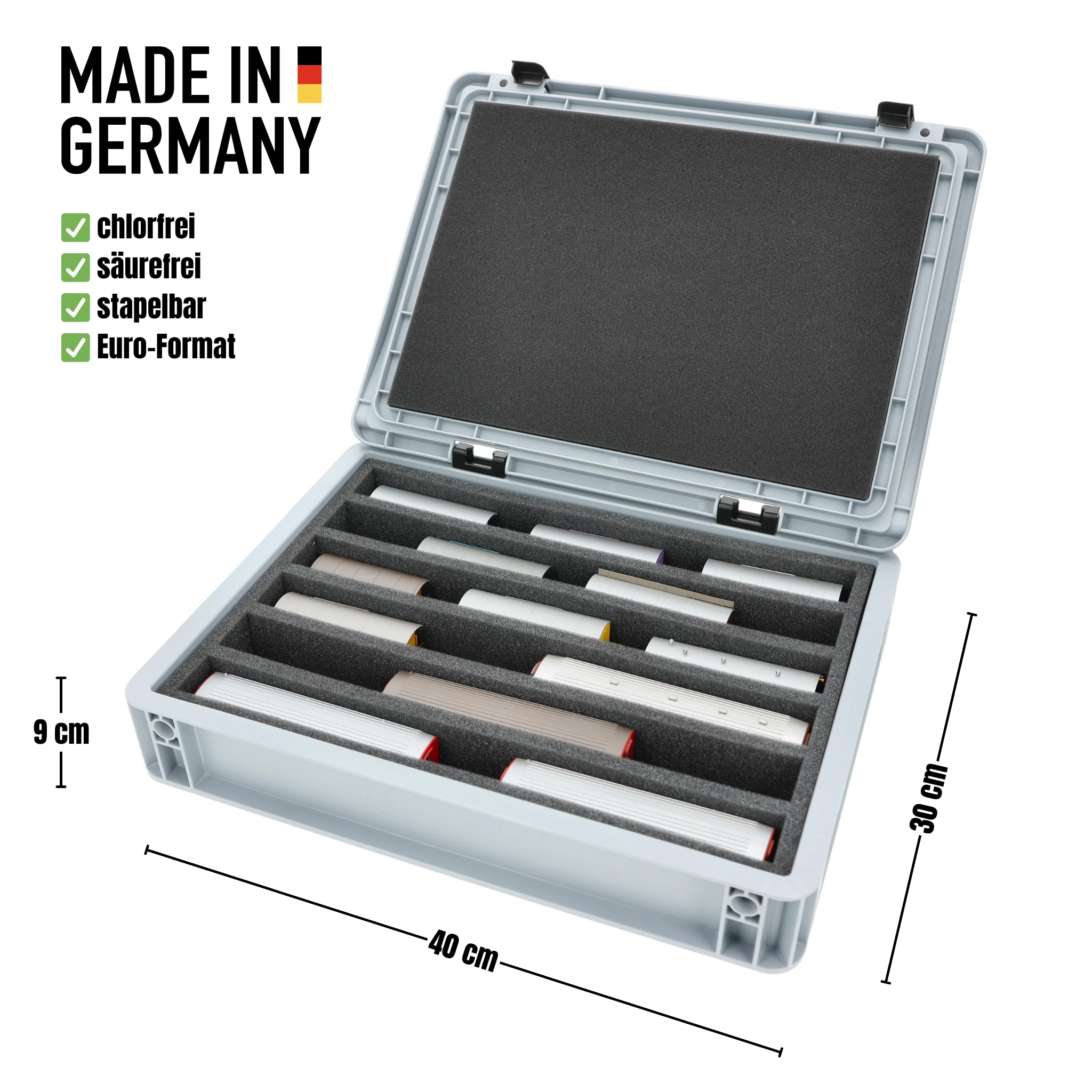 Feldherr Eurobox 40 x 30 cm zestaw do modeli kolejek – tor H0 m – 6 przegródek – wkładka piankowa do przechowywania w pozycji stojącej – kompaktowe rozwiązanie transportowe do lokotek i wagonów