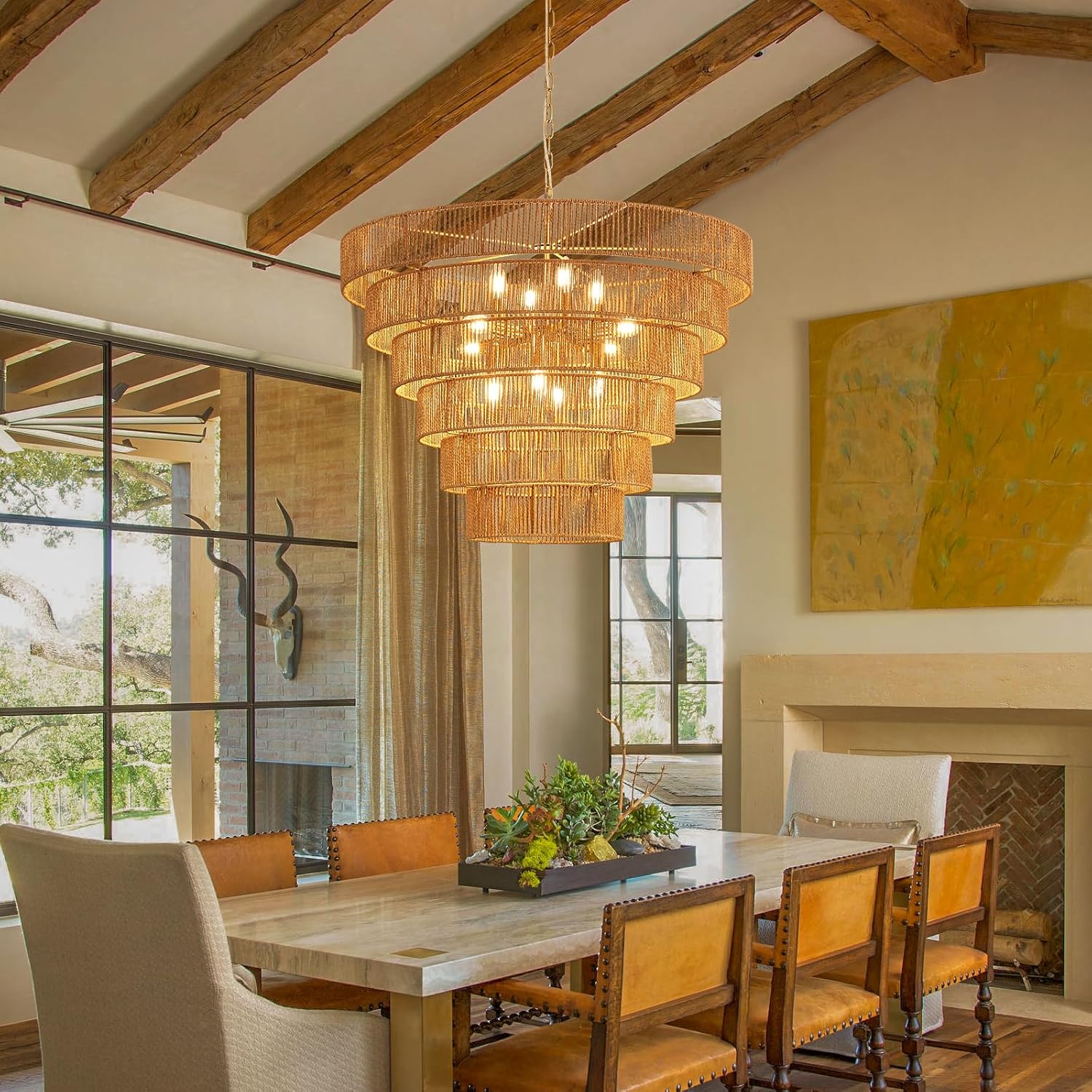 31.49" Large Rattan Chandelier Vintage Farmhouse 12-Lights Boho Hand-Woven Bamboo Chandeliers Light Fixture Rustic Wicker Rattan Golden Chandelier for Dining Room, Kitchen, Living Room, E12