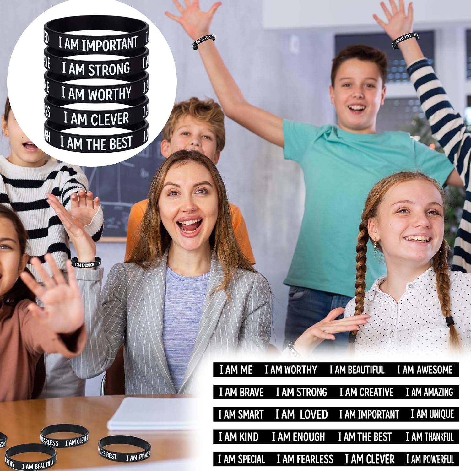 100 Pcs Motivational Silicone Wristbands Bulk for Students | Inspirational Quote Wristbands, Black Silicone Bracelets for Student Rewards, Classroom Recognition and Teacher Gifts
