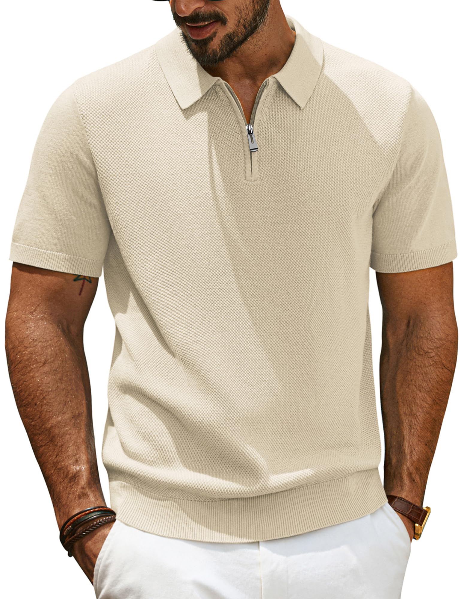 PJ PAUL JONES Polo Homme Manches Courtes Polo en Maille Serrée avec Fermeture Éclair 1/4 Casual T-Shirt
