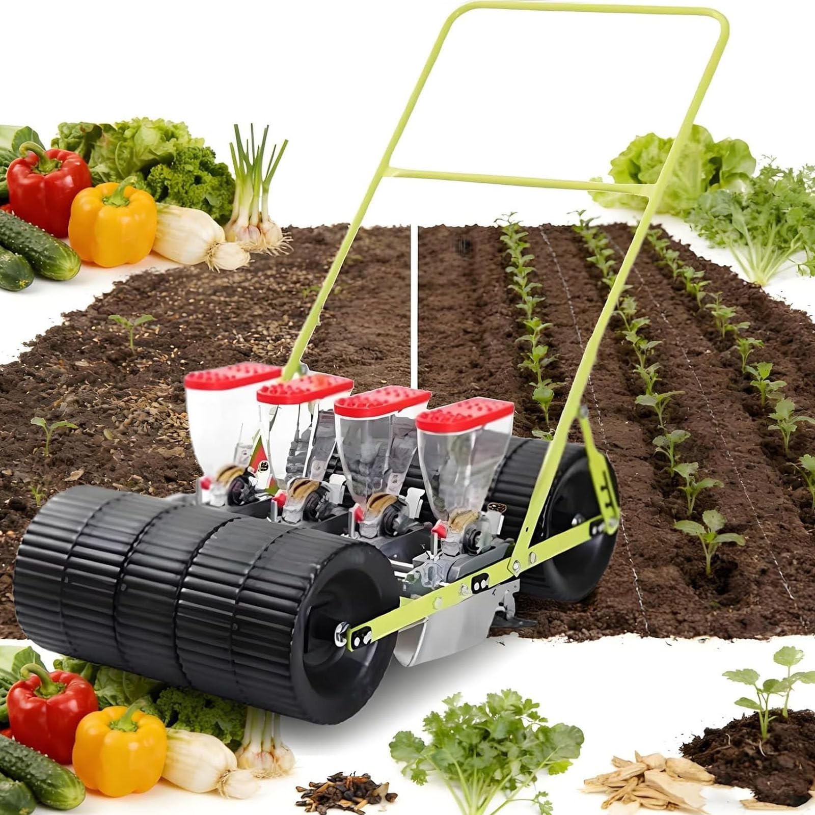 Drmoxin Hand-Pushed Vegetable Planter,Adjustable Row Spacing/Plant Spacing/Depth,Hand Push Seeder with Wheels,for Sowing Corn Leeks Spinach Radishes, Leeks 4row