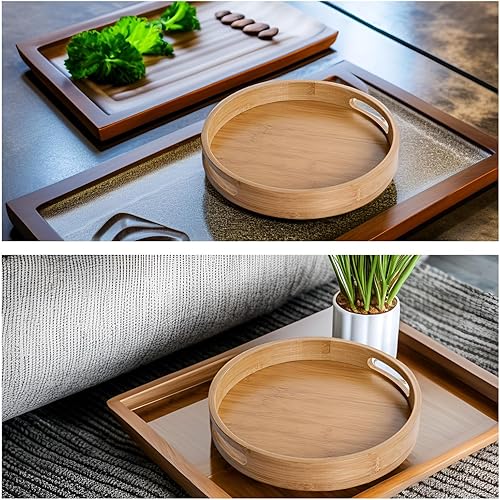 Miniatura 6 de RHBLME Paquete de 2 bandejas redondas de madera, 12 pulgadas y 14 pulgadas, asas, bandeja decorativa de bambú otomana para alimentos, cócteles,