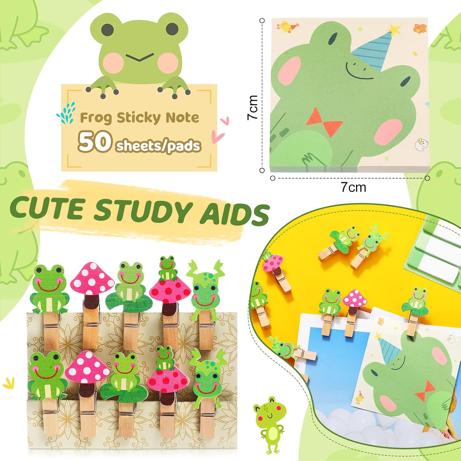 Crtin 69 Pcs Cute Sticky Notes Set,Cartoon Pen, Stickers, Paperclip, Sticky Memos Office & Party Favors(Frog)
